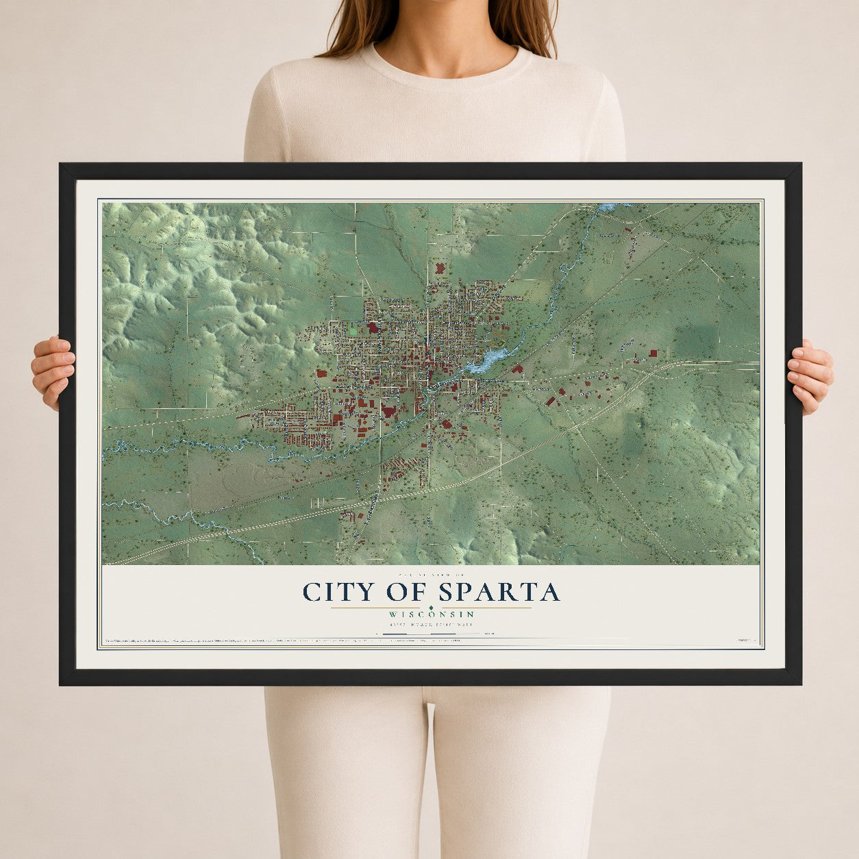 Map of Sparta, Wisconsin, 24 x 36 inch print in a black wood frame