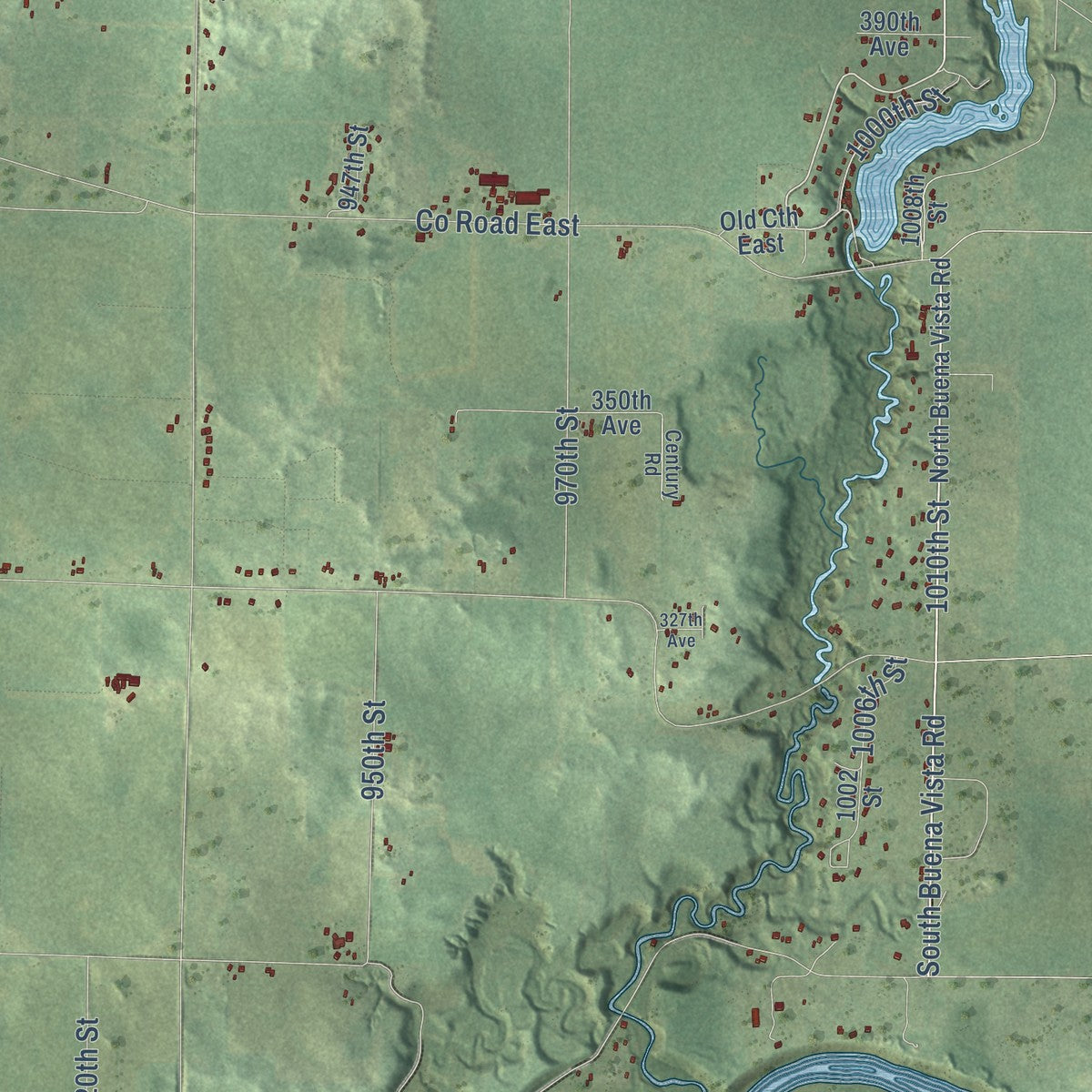 Close-up of the map of Spring Brook, Wisconsin print showing street and building detail