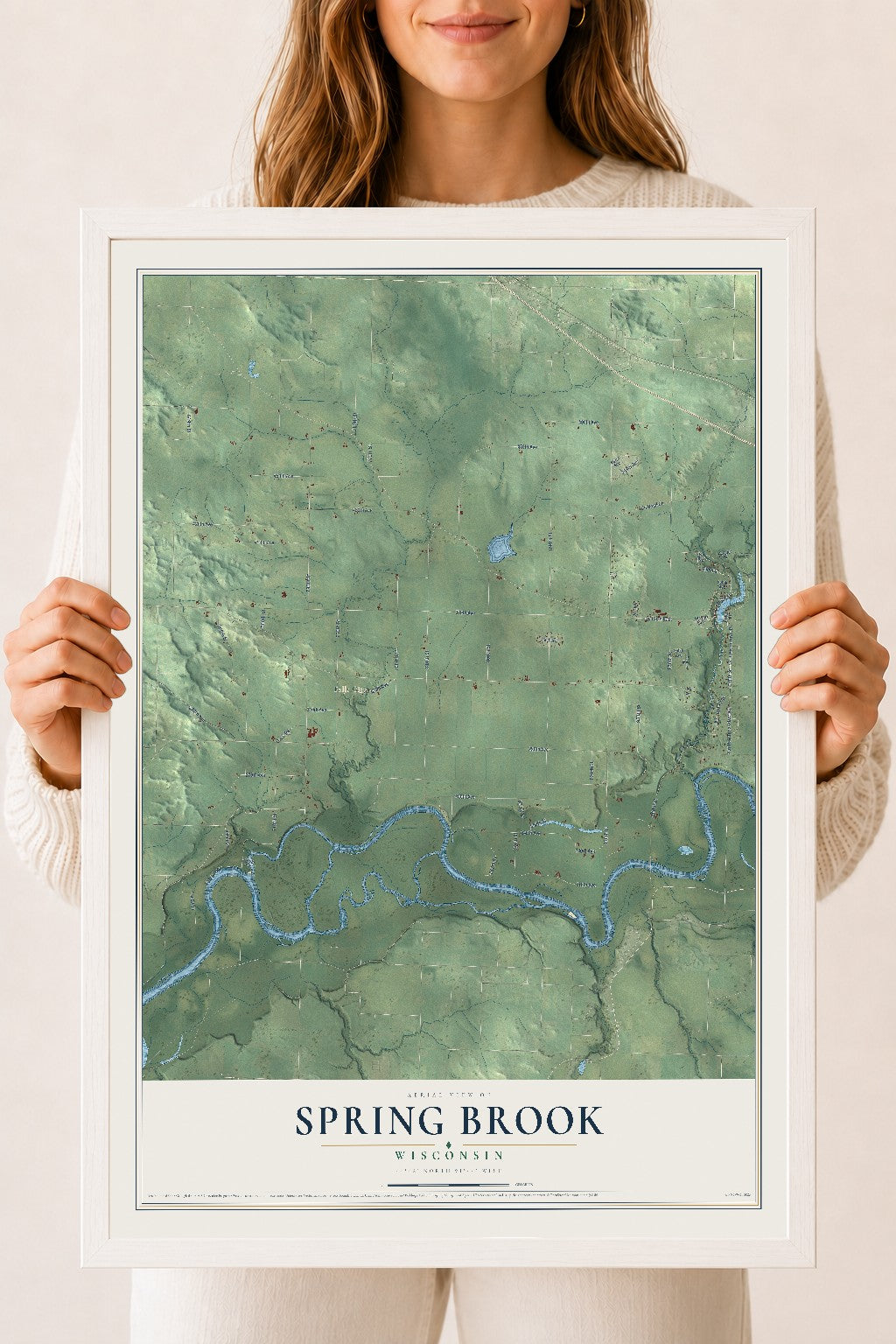 Map of Spring Brook, Wisconsin, 18 x 24 inch print in a white wood frame