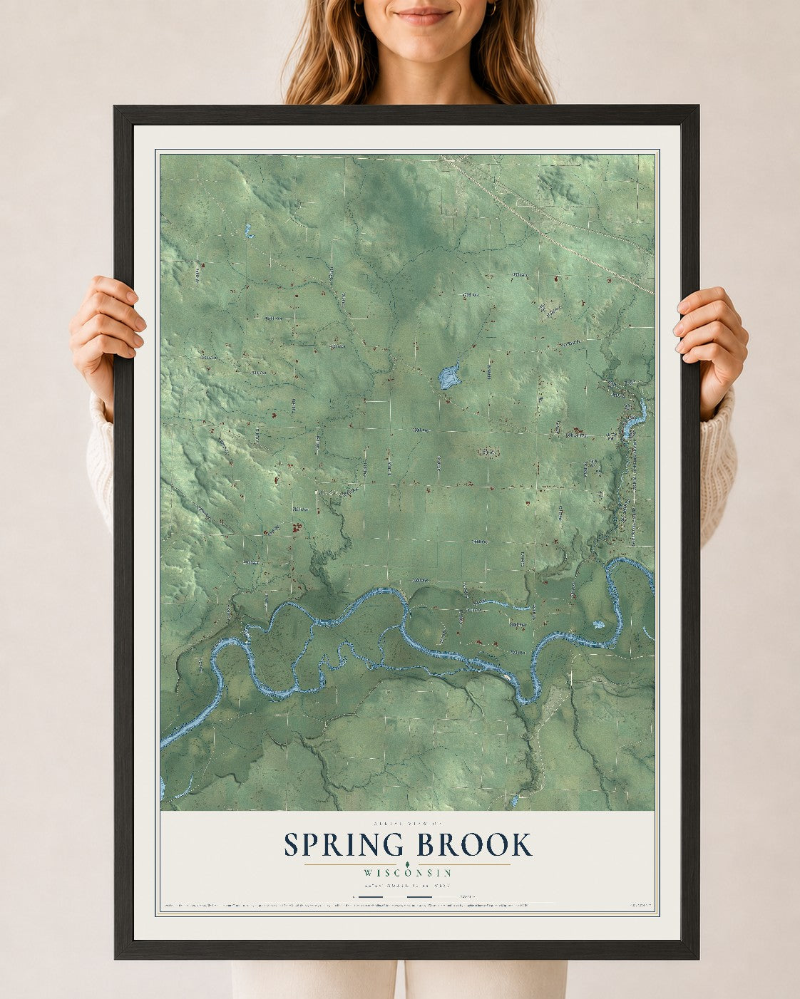 Map of Spring Brook, Wisconsin, 24 x 36 inch print in a black wood frame