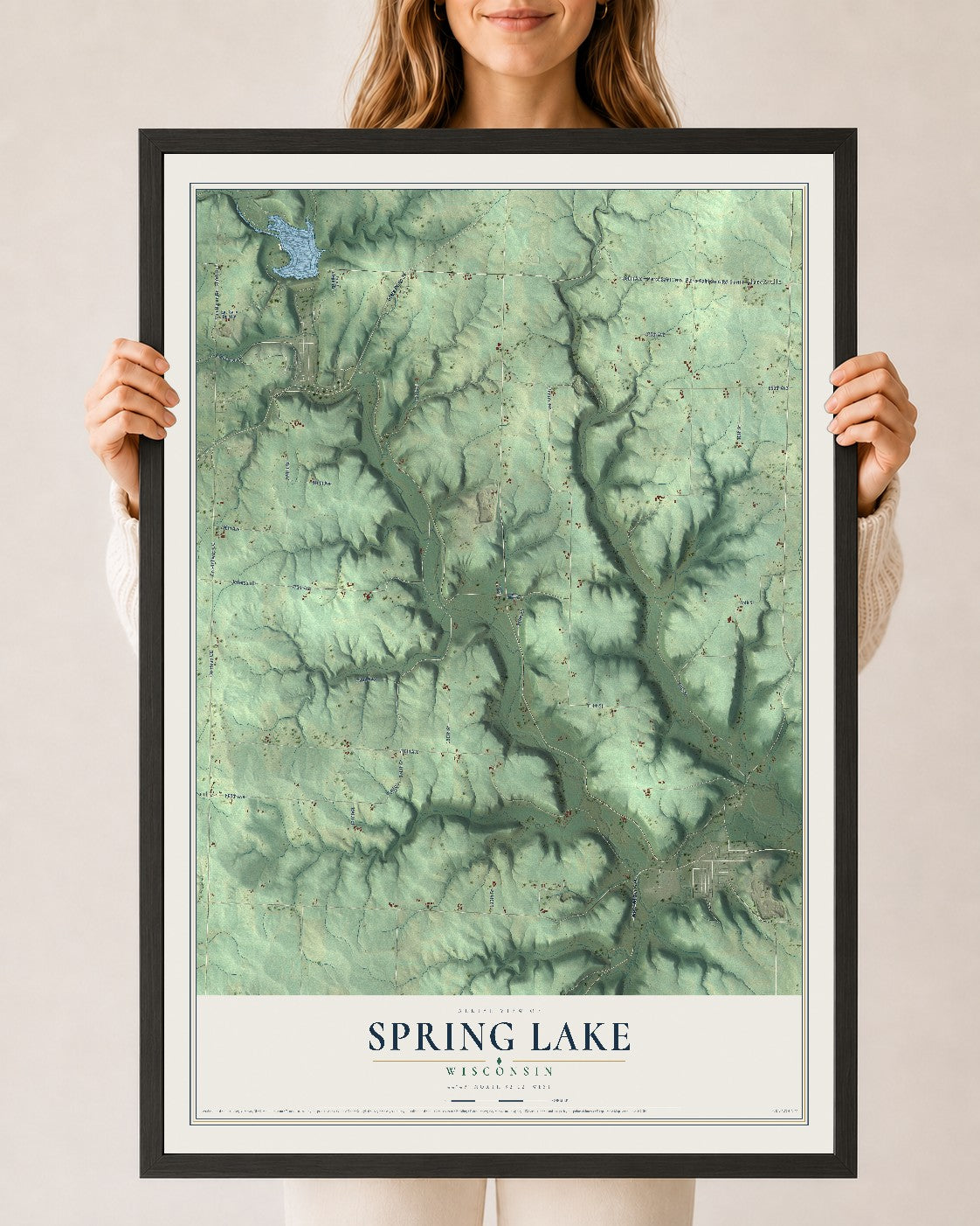 Map of Spring Lake, Wisconsin, 24 x 36 inch print in a black wood frame