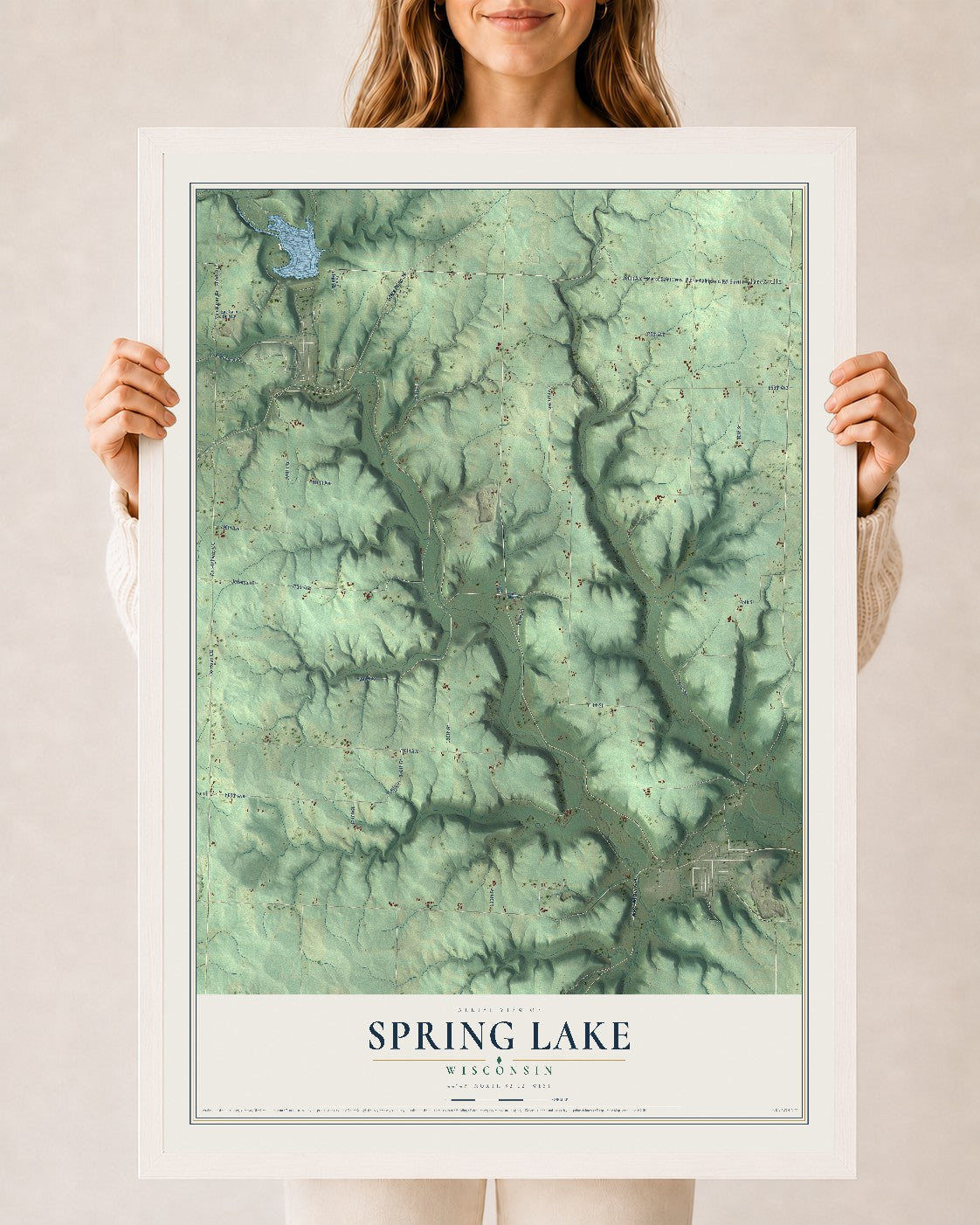 Map of Spring Lake, Wisconsin, 24 x 36 inch print in a white wood frame