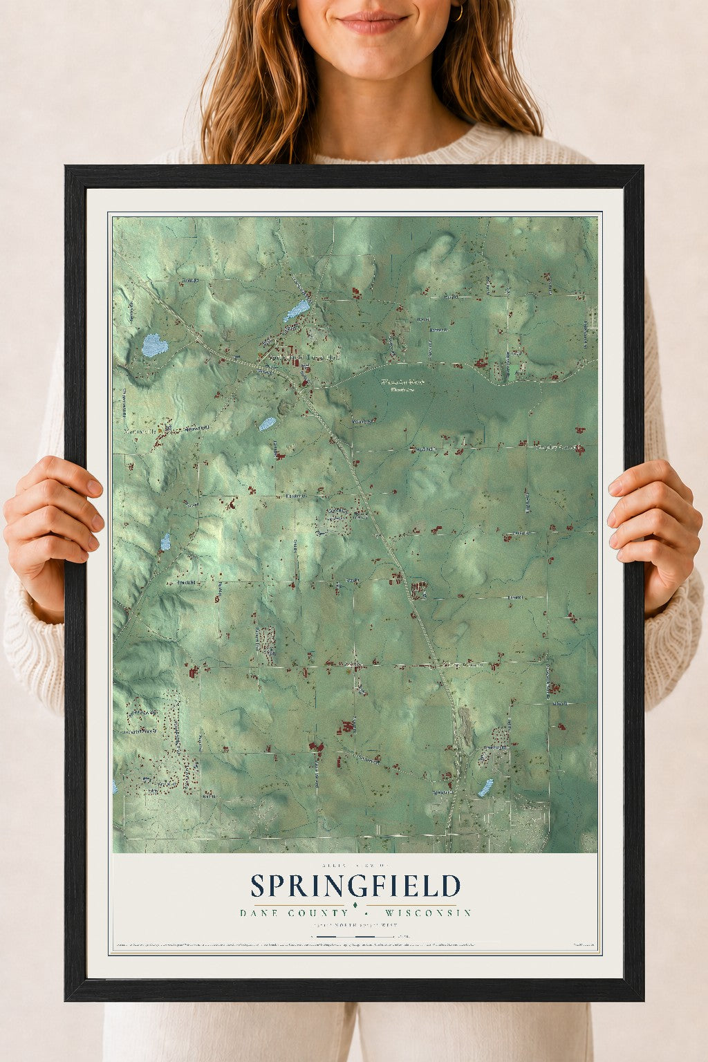 Map of Springfield, Dane County, Wisconsin, 18 x 24 inch print in a black wood frame