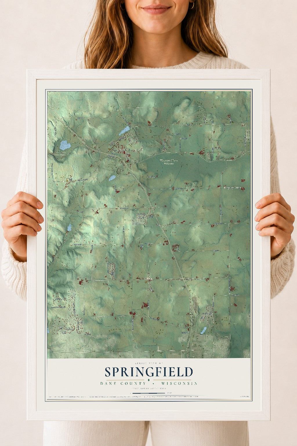 Map of Springfield, Dane County, Wisconsin, 18 x 24 inch print in a white wood frame