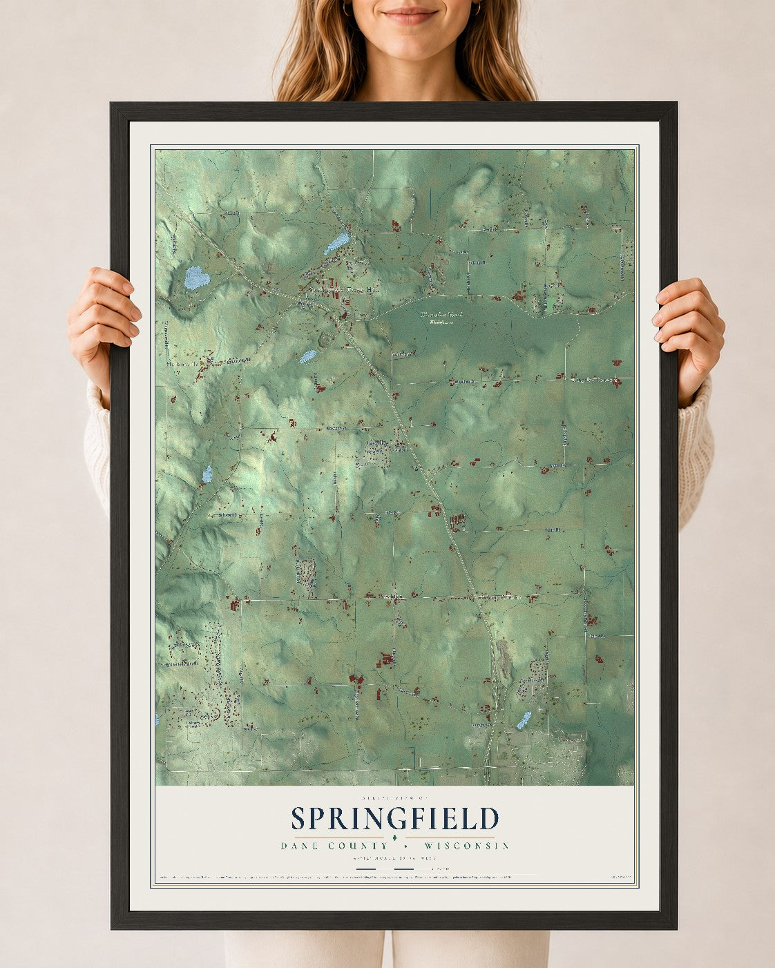 Map of Springfield, Dane County, Wisconsin, 24 x 36 inch print in a black wood frame