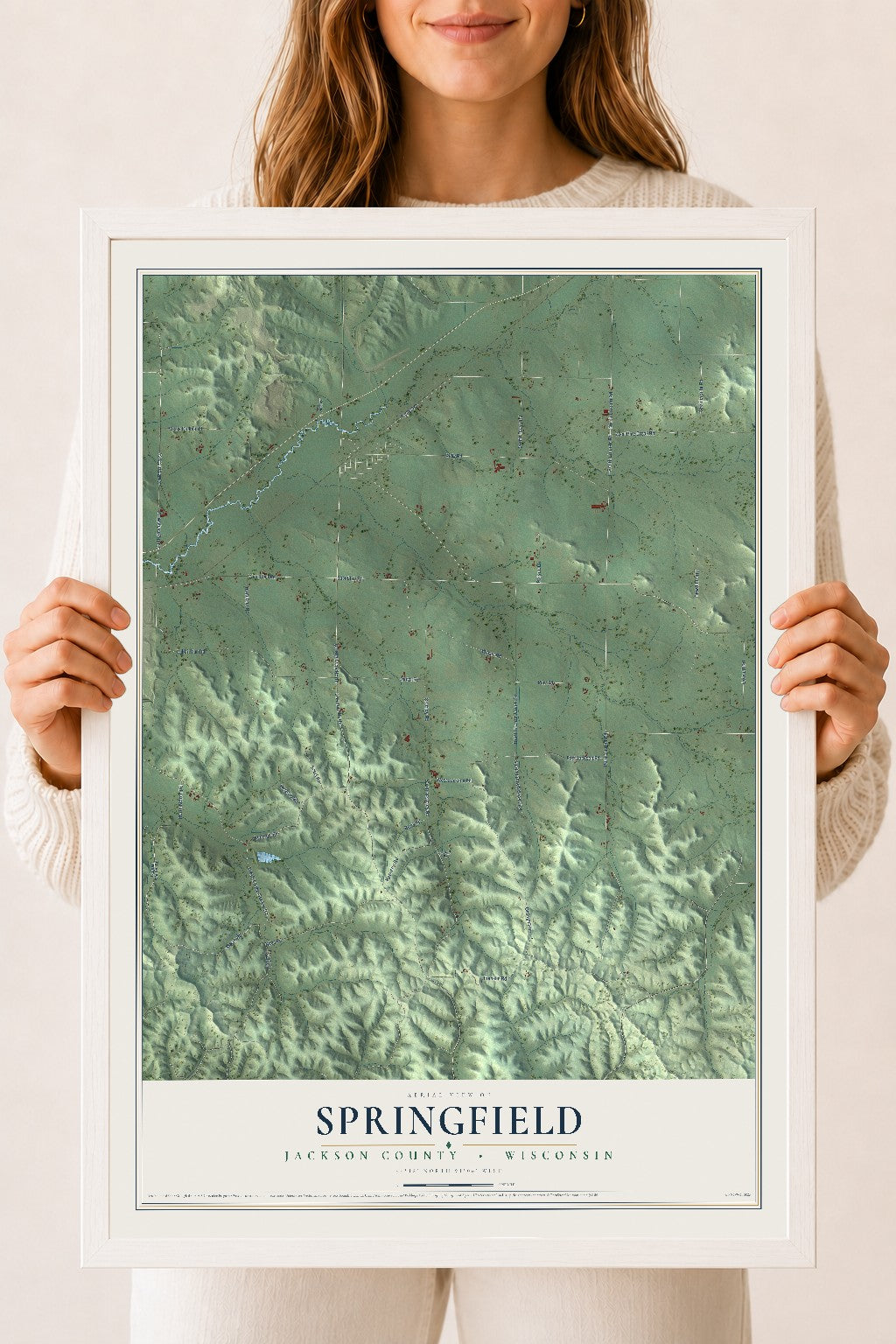 Map of Springfield, Jackson County, Wisconsin, 18 x 24 inch print in a white wood frame