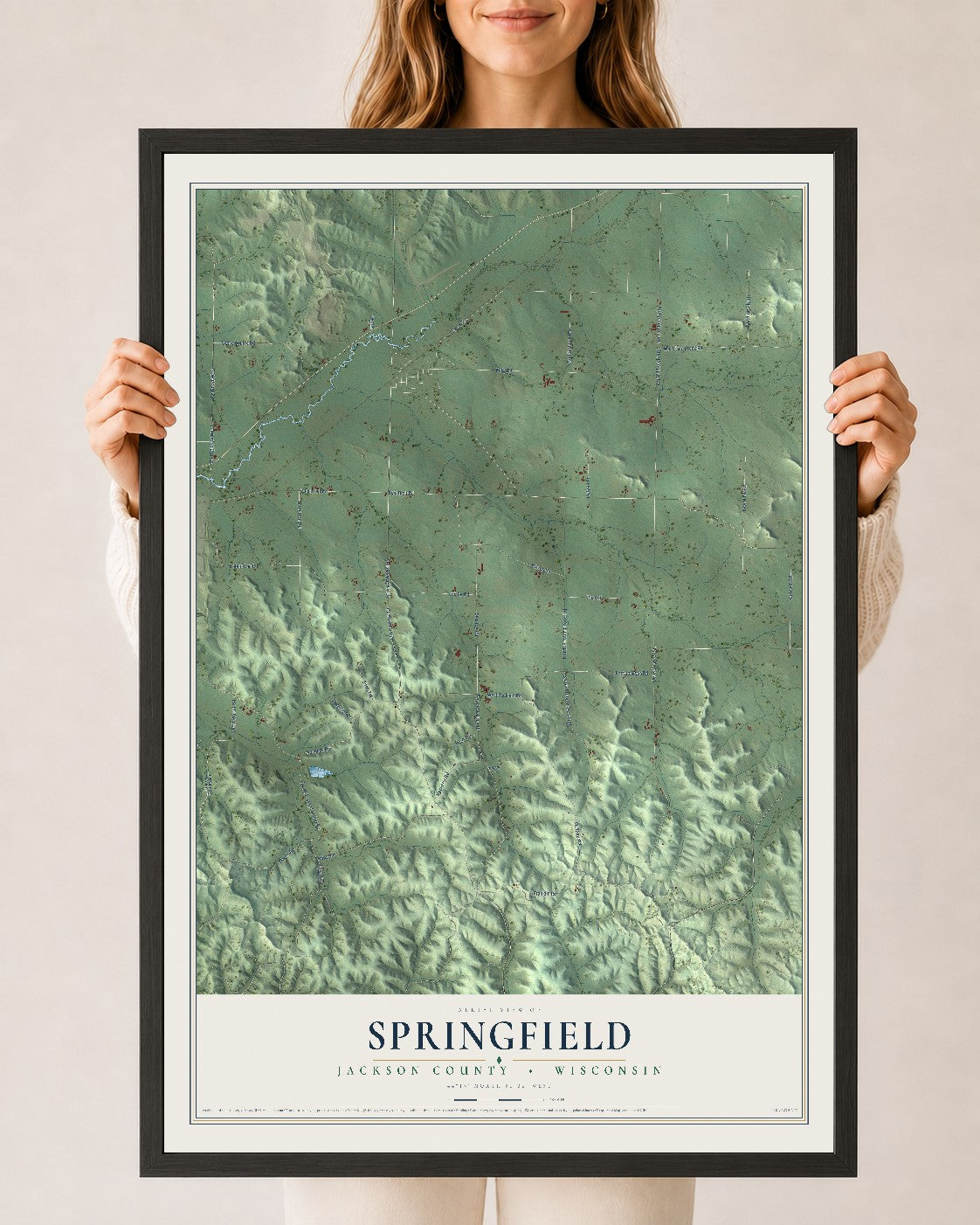 Map of Springfield, Jackson County, Wisconsin, 24 x 36 inch print in a black wood frame