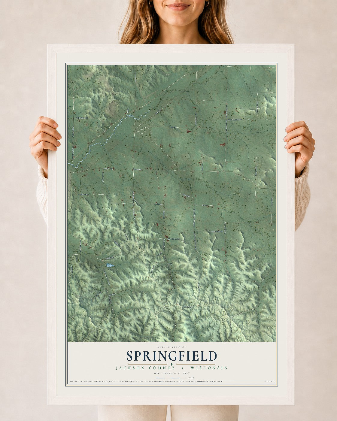 Map of Springfield, Jackson County, Wisconsin, 24 x 36 inch print in a white wood frame