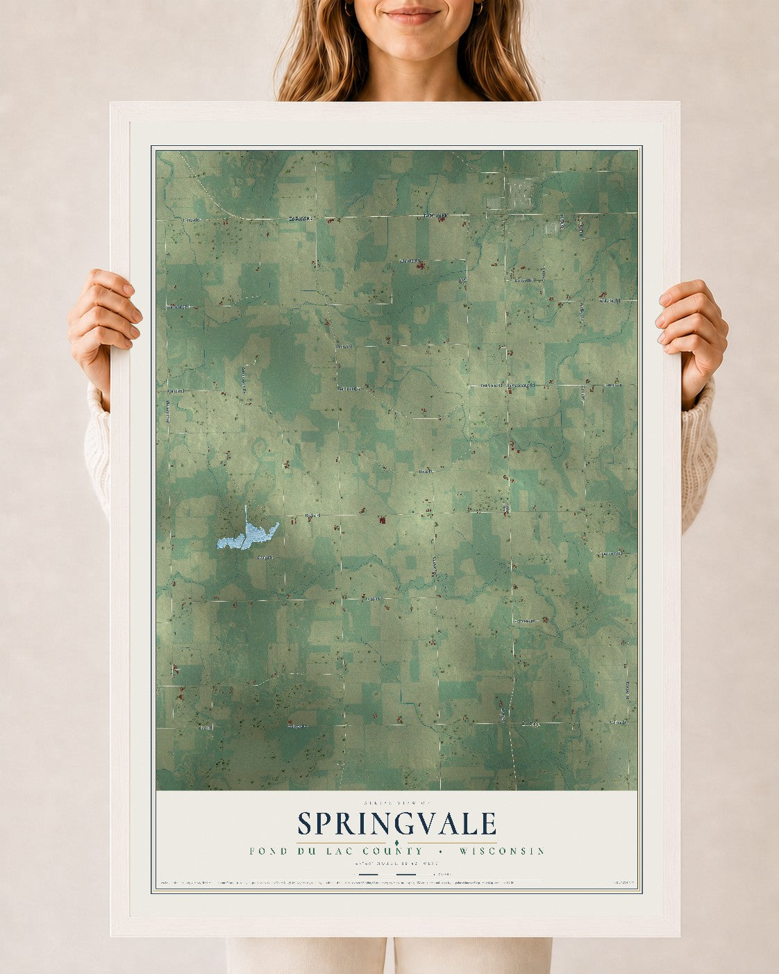 Map of Springvale, Fond du Lac County, Wisconsin, 24 x 36 inch print in a white wood frame