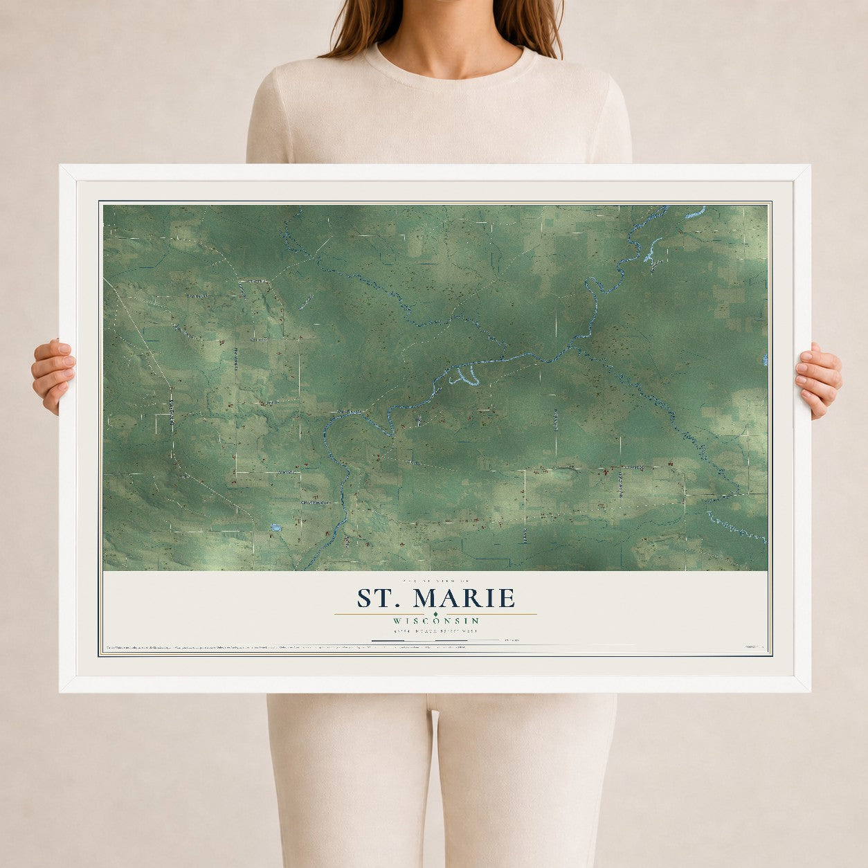Map of St. Marie, Wisconsin, 24 x 36 inch print in a white wood frame