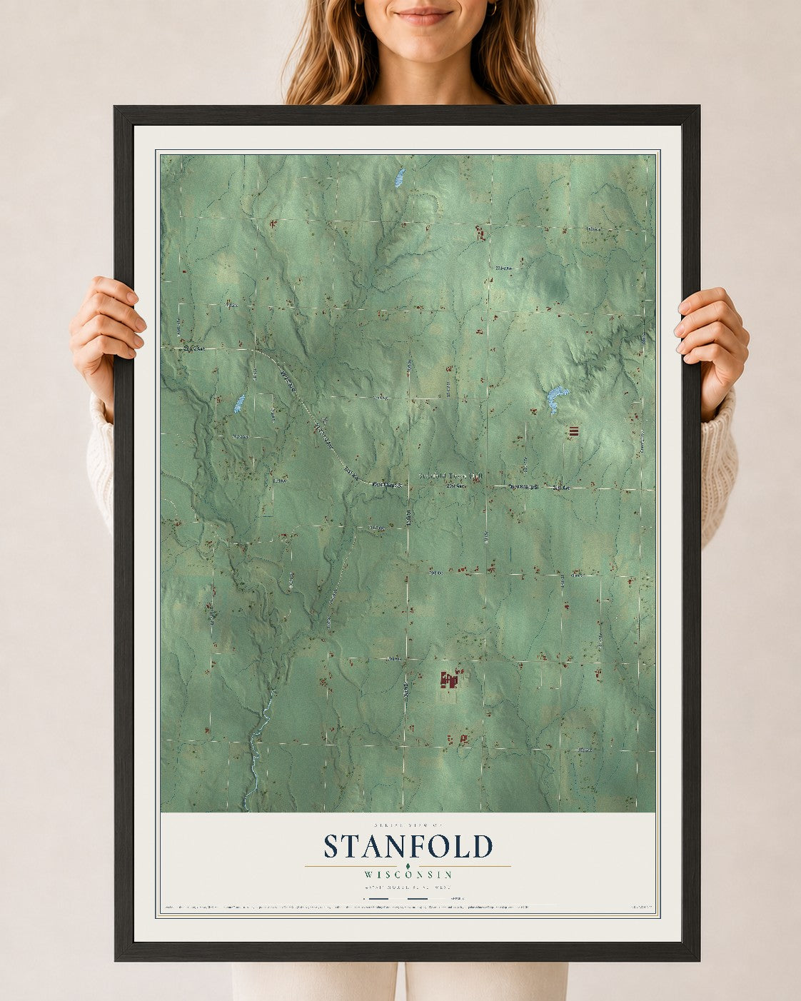 Map of Stanfold, Wisconsin, 24 x 36 inch print in a black wood frame