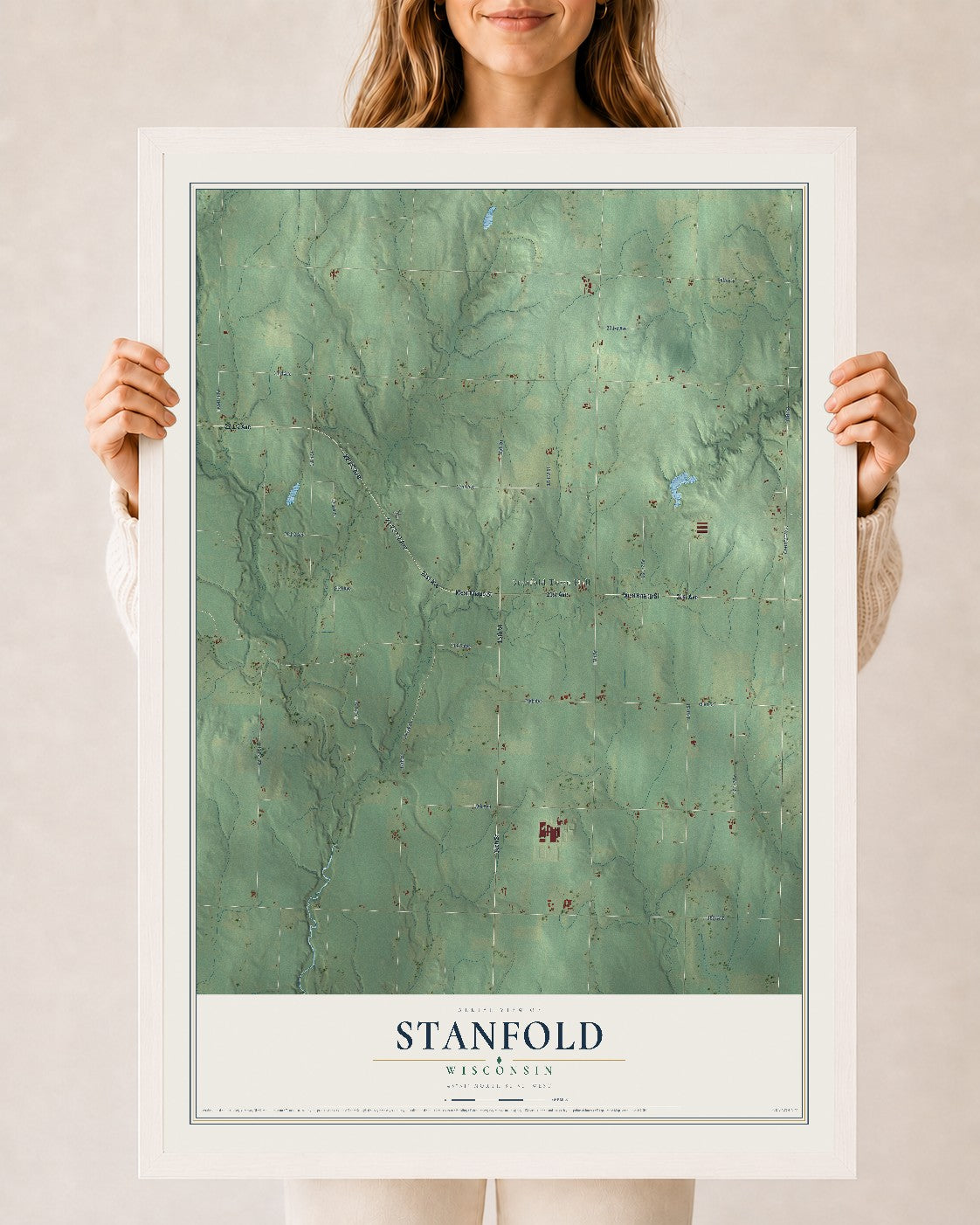 Map of Stanfold, Wisconsin, 24 x 36 inch print in a white wood frame