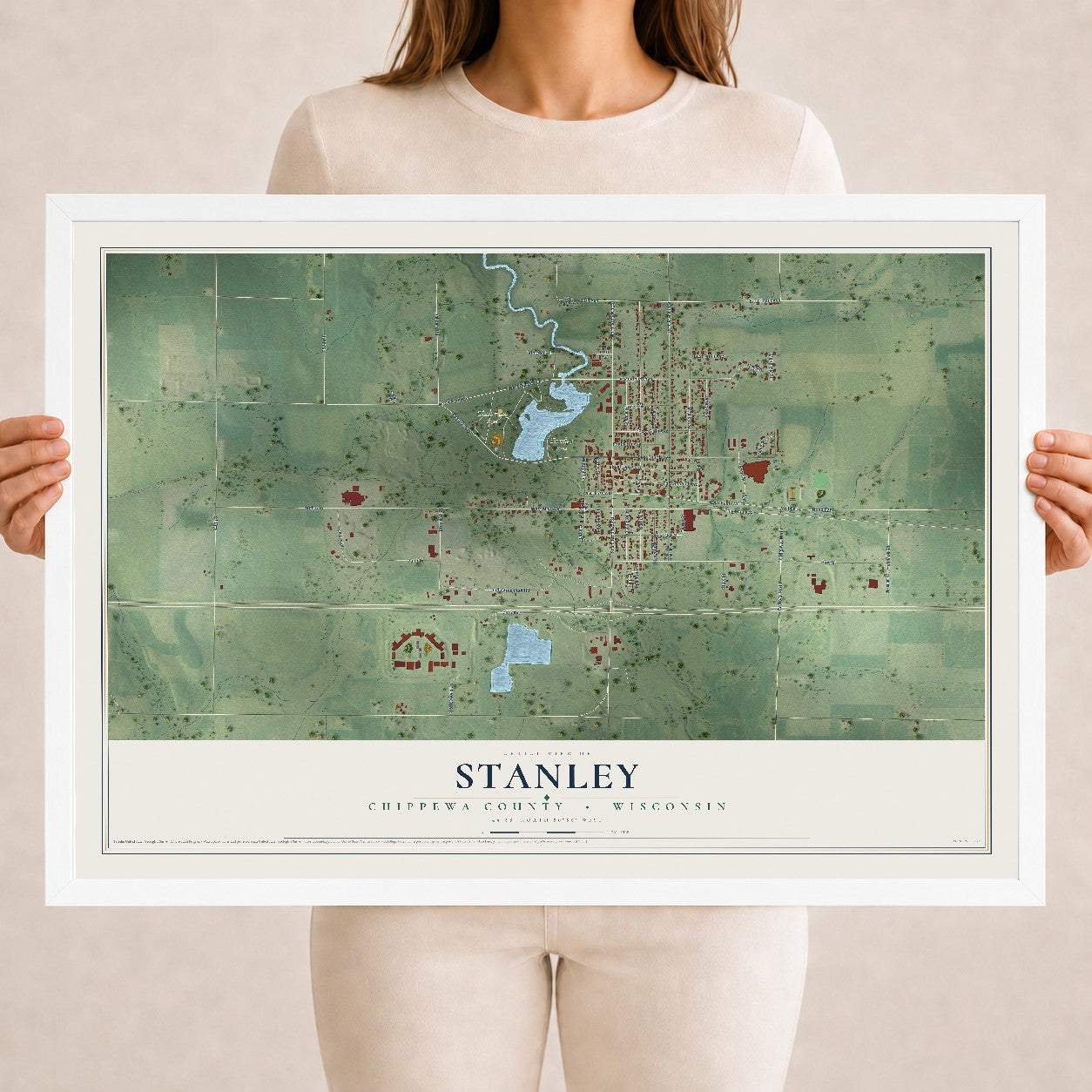 Map of Stanley, Chippewa County, Wisconsin, 18 x 24 inch print in a white wood frame