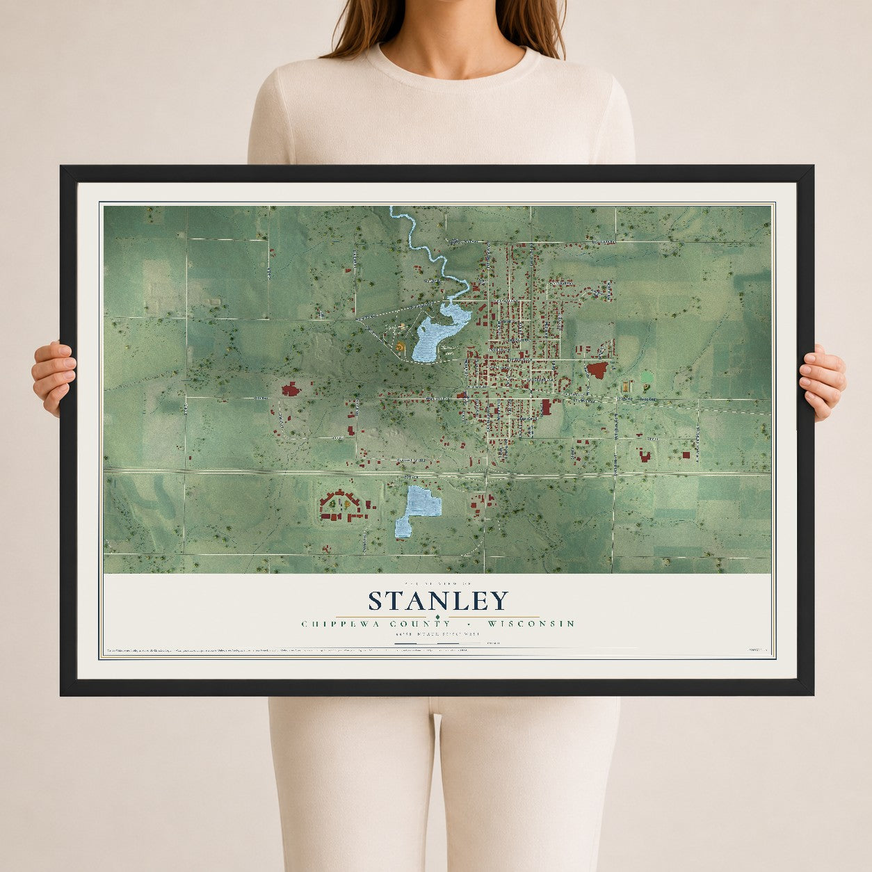 Map of Stanley, Chippewa County, Wisconsin, 24 x 36 inch print in a black wood frame