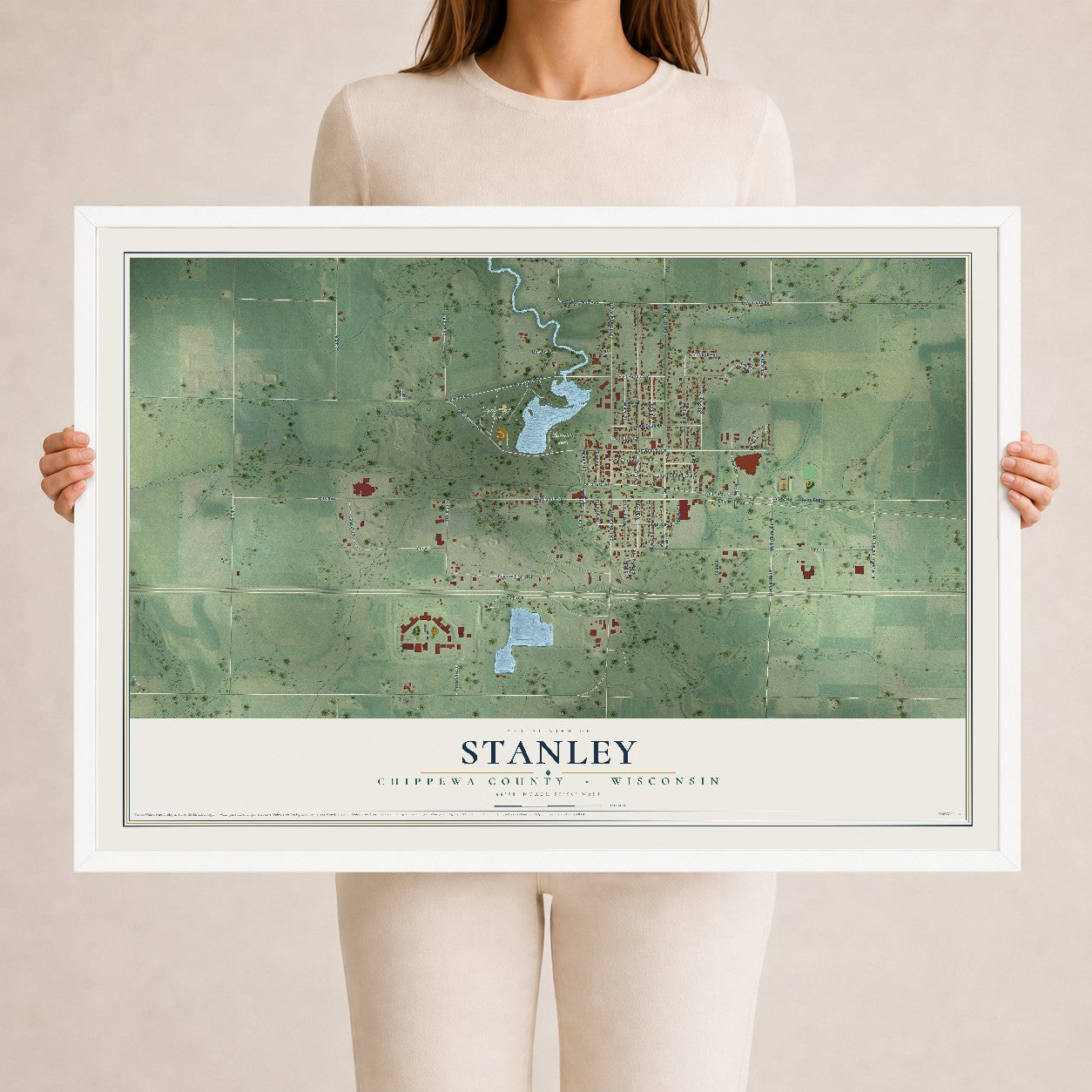 Map of Stanley, Chippewa County, Wisconsin, 24 x 36 inch print in a white wood frame