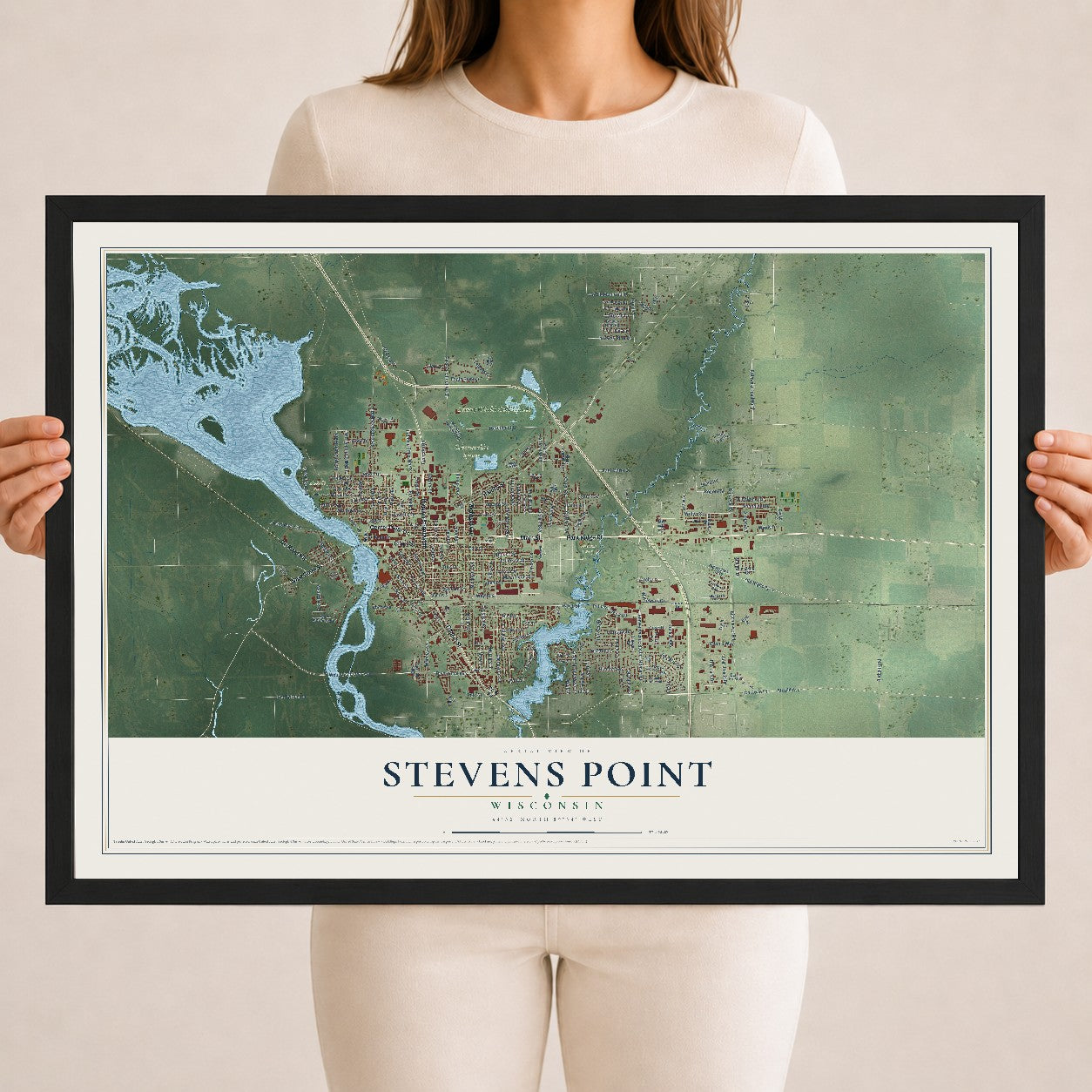Map of Stevens Point, Wisconsin, 18 x 24 inch print in a black wood frame