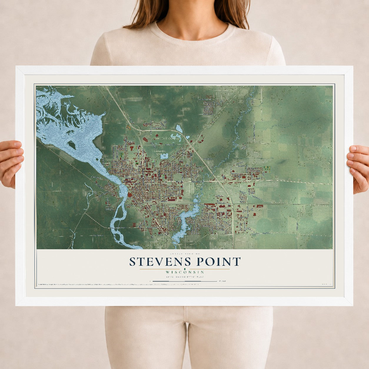 Map of Stevens Point, Wisconsin, 18 x 24 inch print in a white wood frame