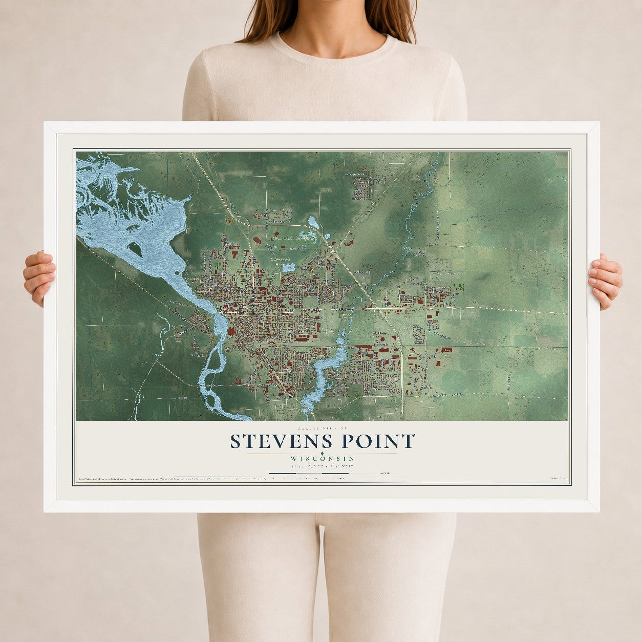 Map of Stevens Point, Wisconsin, 24 x 36 inch print in a white wood frame