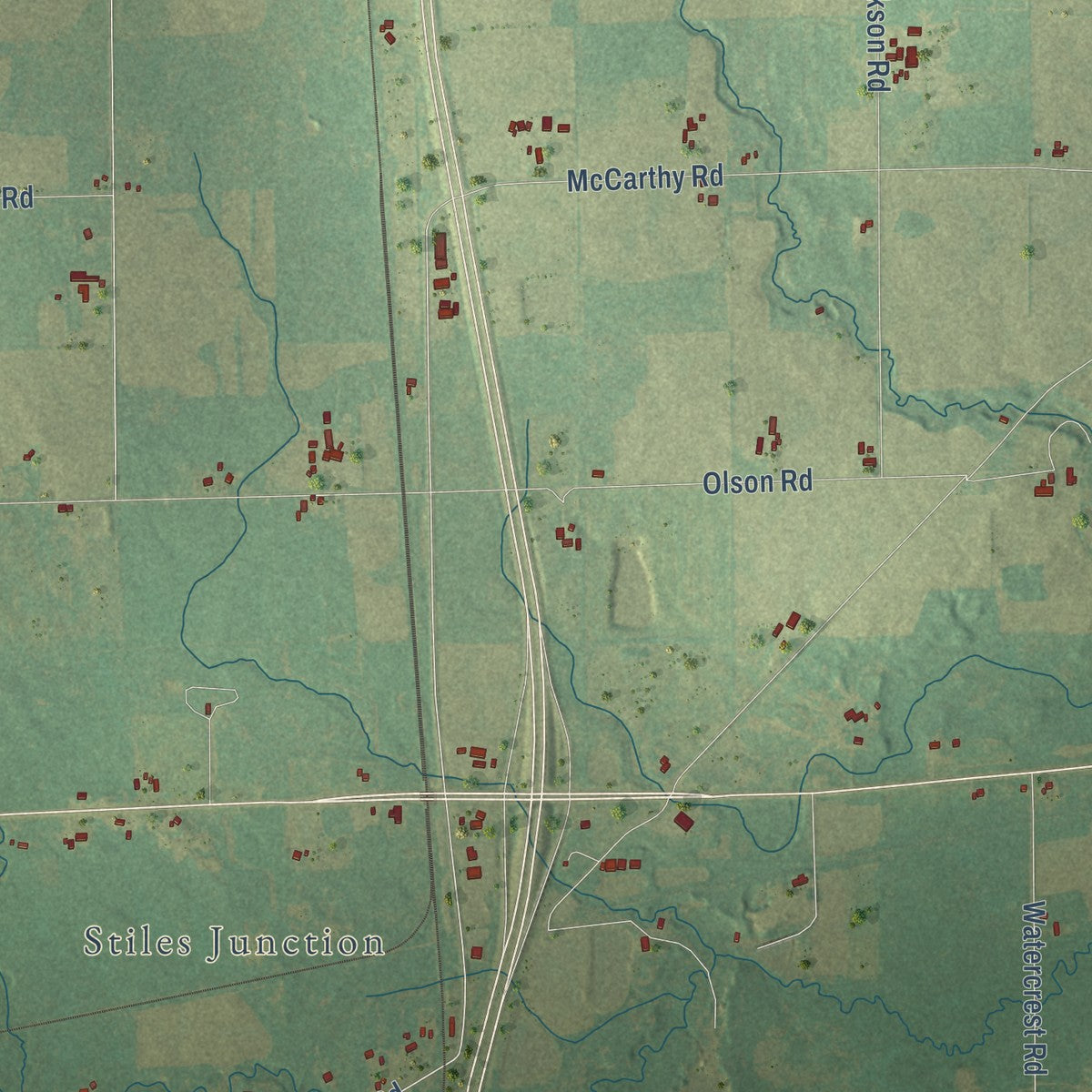 Second close-up of the map of Stiles, Wisconsin print showing more streets and buildings