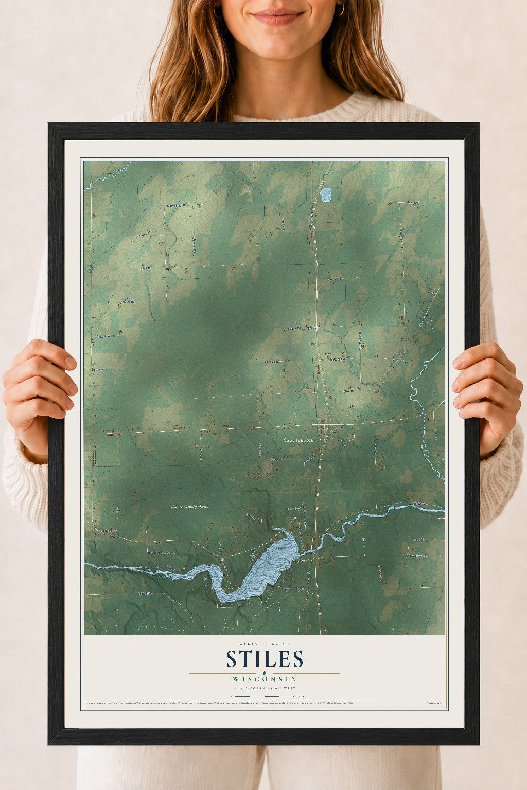 Map of Stiles, Wisconsin, 18 x 24 inch print in a black wood frame