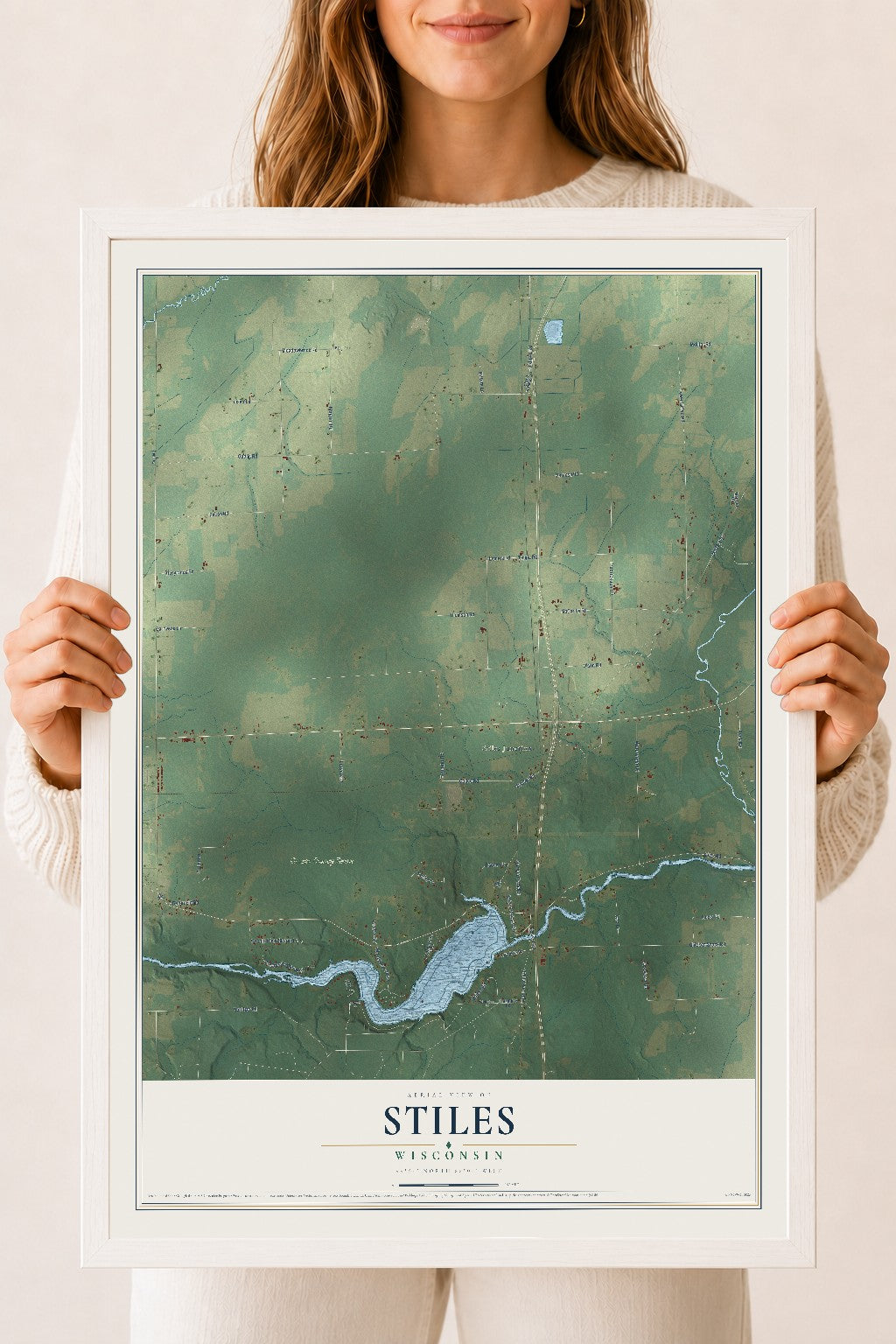 Map of Stiles, Wisconsin, 18 x 24 inch print in a white wood frame