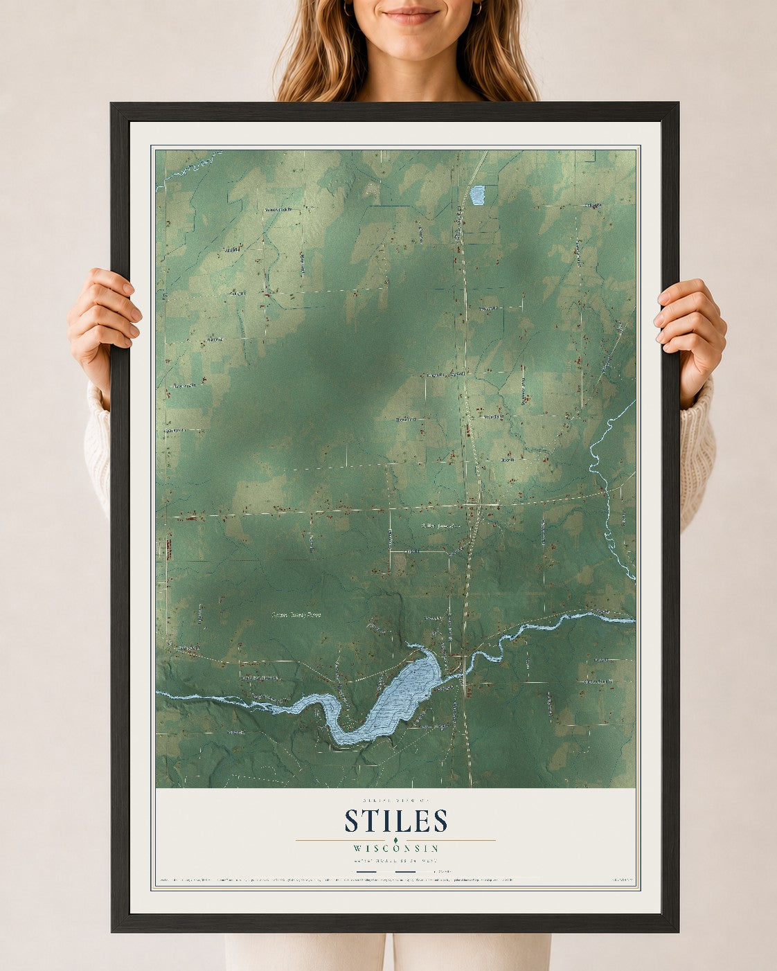 Map of Stiles, Wisconsin, 24 x 36 inch print in a black wood frame