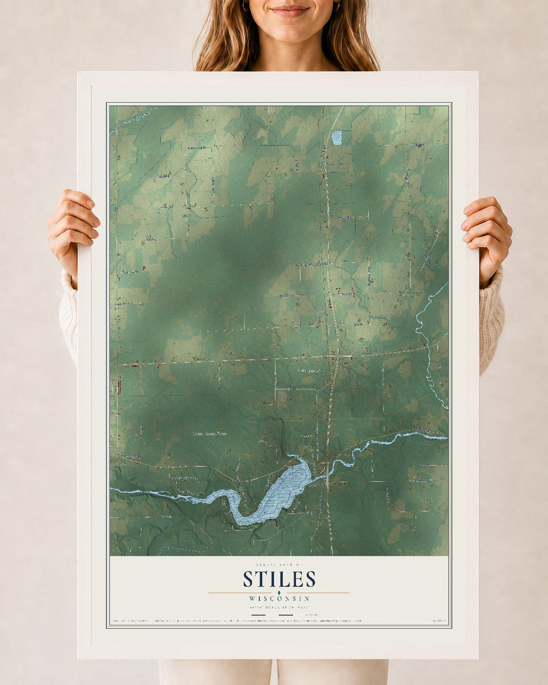 Map of Stiles, Wisconsin, 24 x 36 inch print in a white wood frame