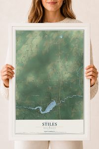Map of Stiles, Wisconsin, 18 x 24 inch print in a white wood frame