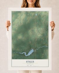 Map of Stiles, Wisconsin, 24 x 36 inch print in a white wood frame