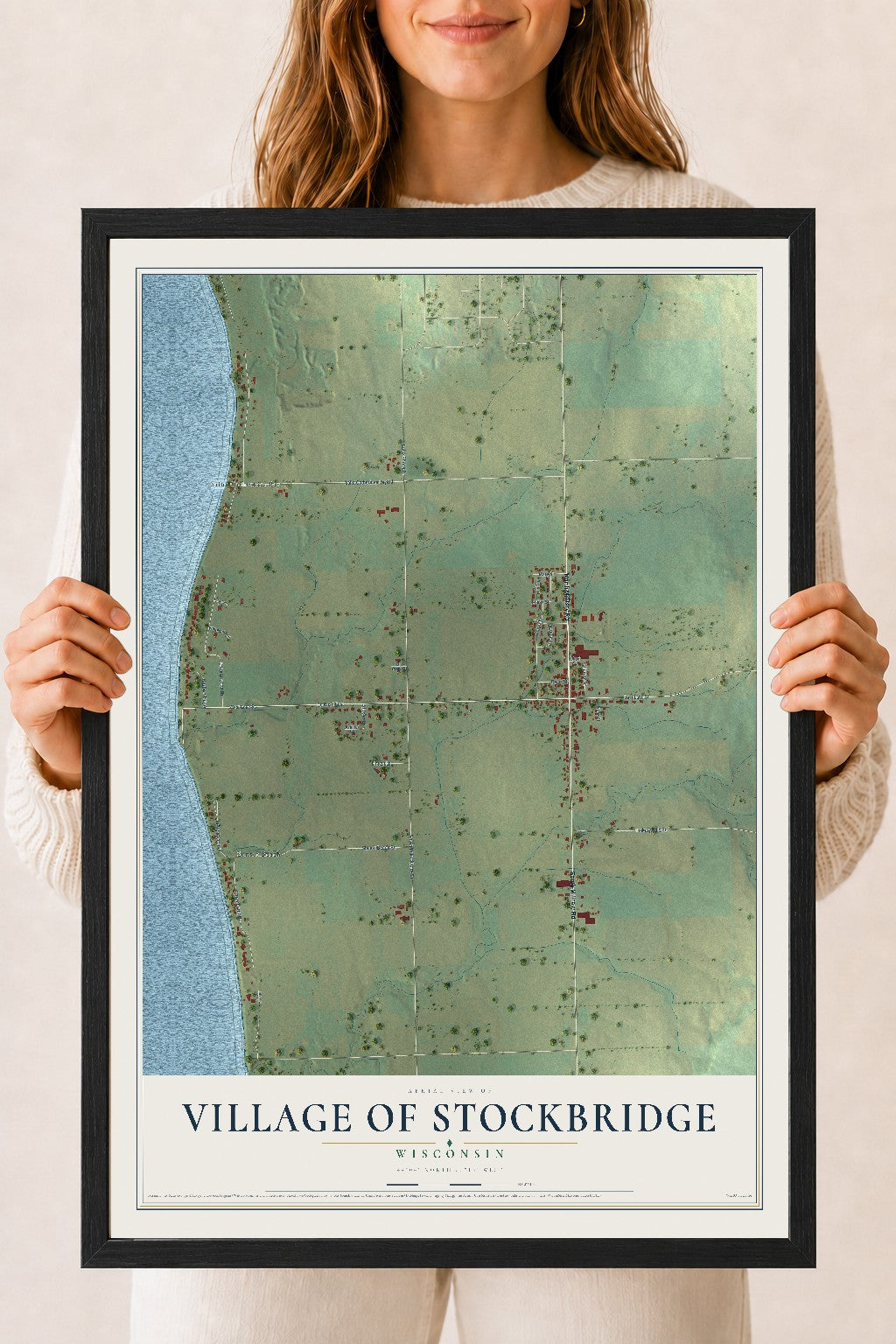 Map of Stockbridge, Wisconsin, 18 x 24 inch print in a black wood frame