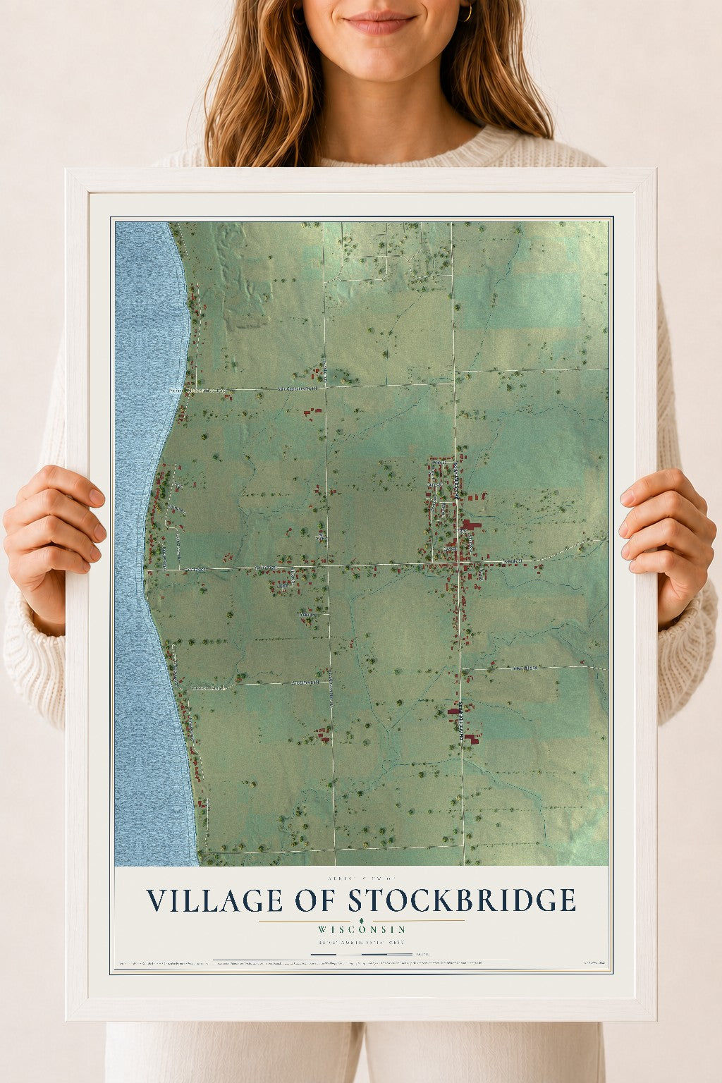 Map of Stockbridge, Wisconsin, 18 x 24 inch print in a white wood frame