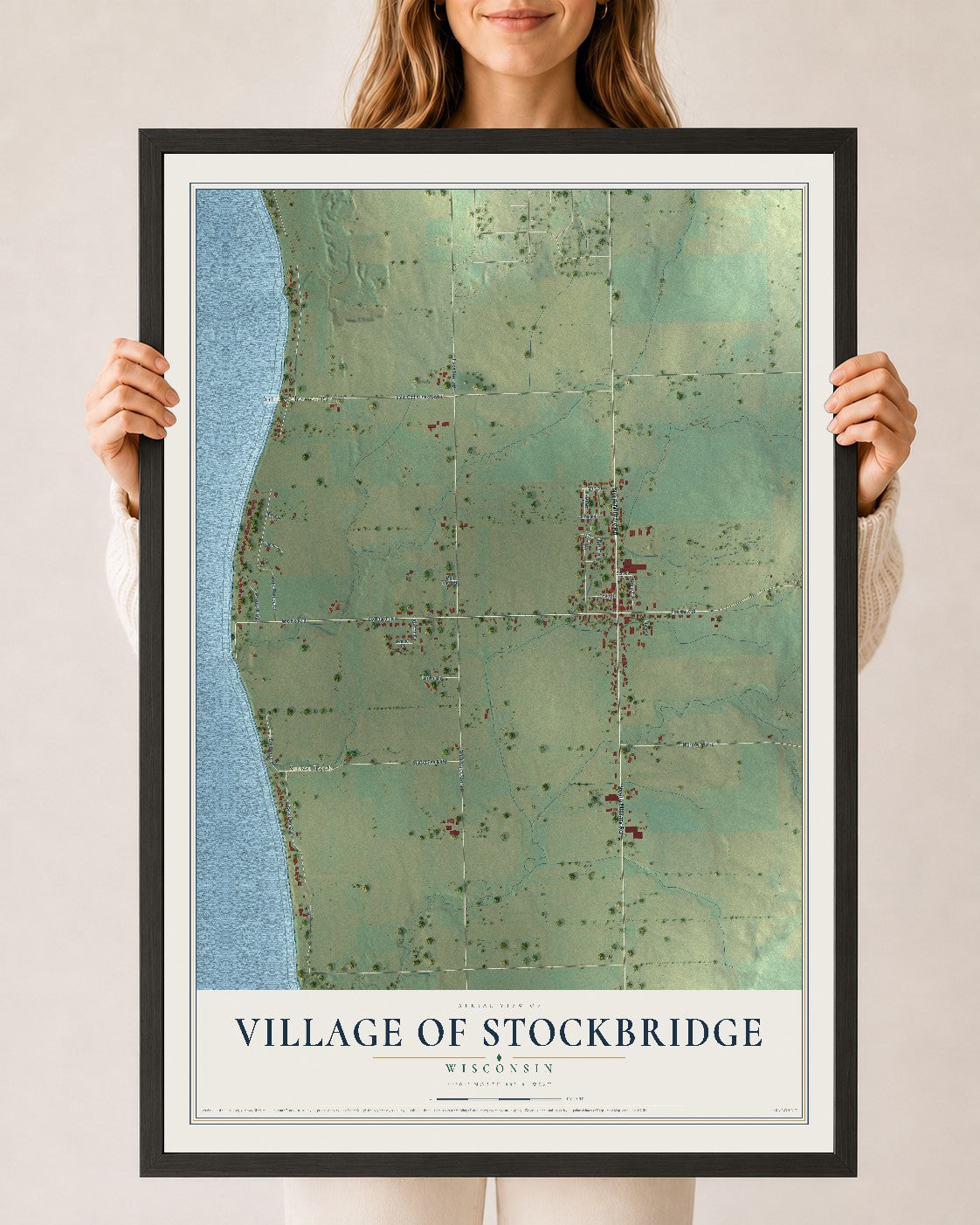 Map of Stockbridge, Wisconsin, 24 x 36 inch print in a black wood frame