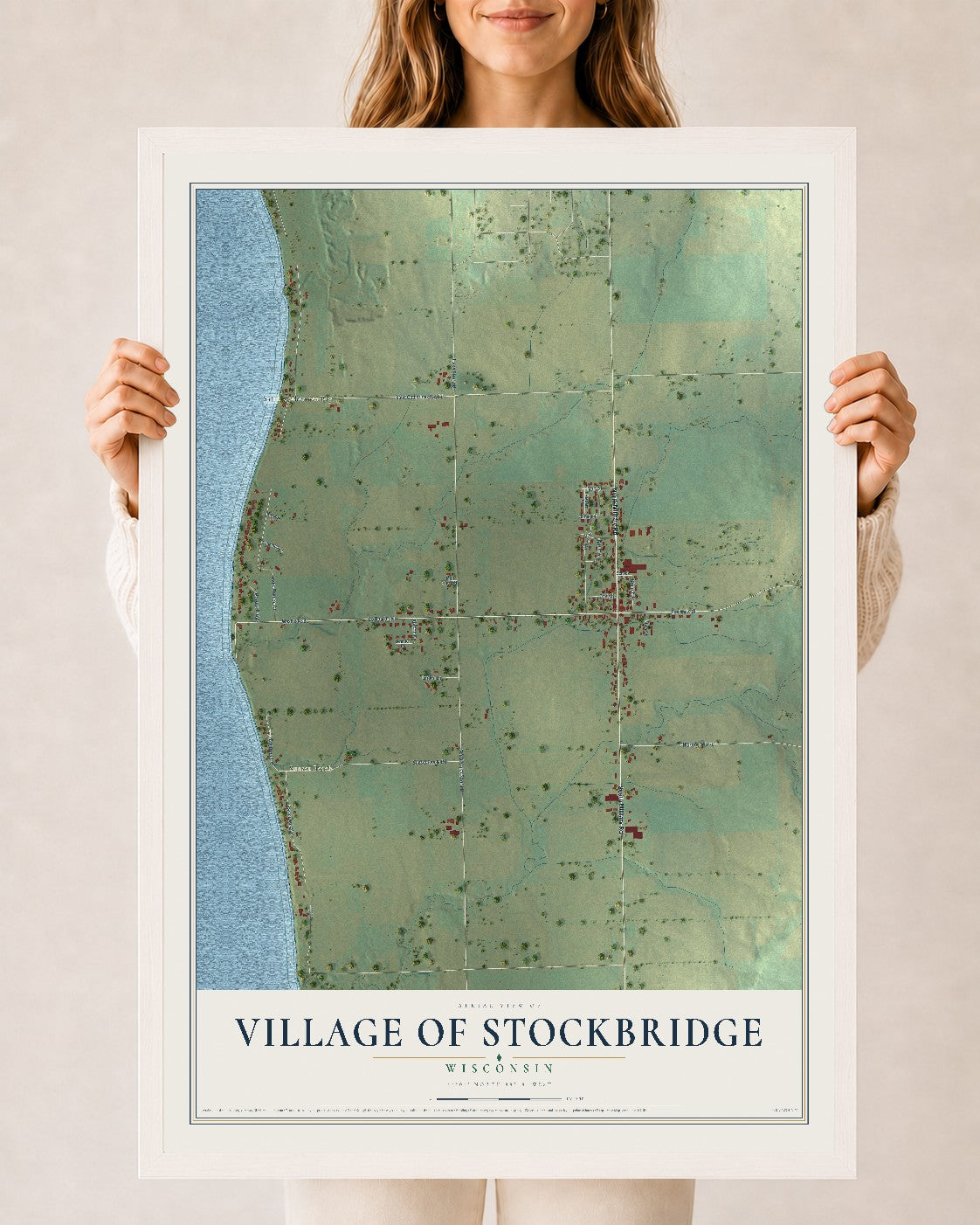 Map of Stockbridge, Wisconsin, 24 x 36 inch print in a white wood frame