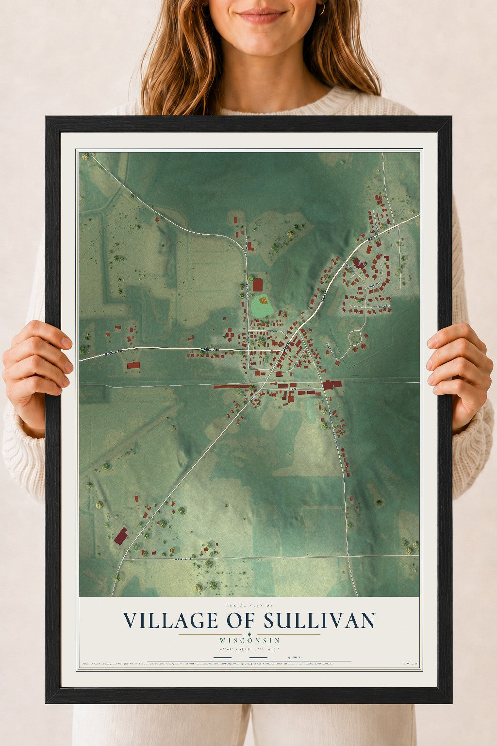 Map of Sullivan, Wisconsin, 18 x 24 inch print in a black wood frame
