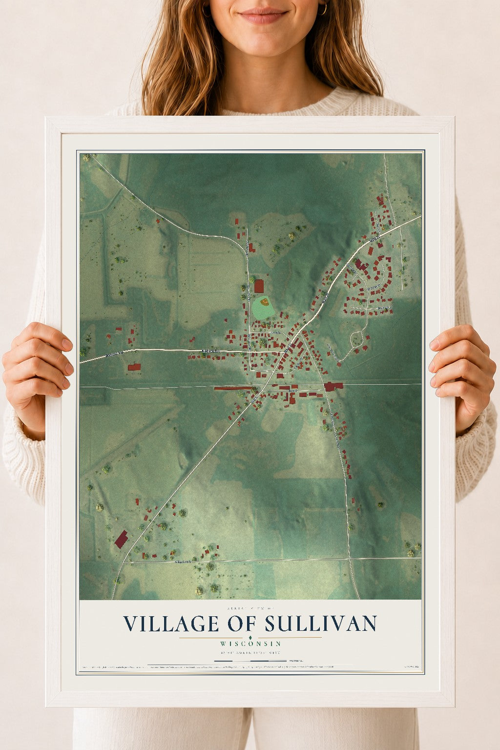Map of Sullivan, Wisconsin, 18 x 24 inch print in a white wood frame