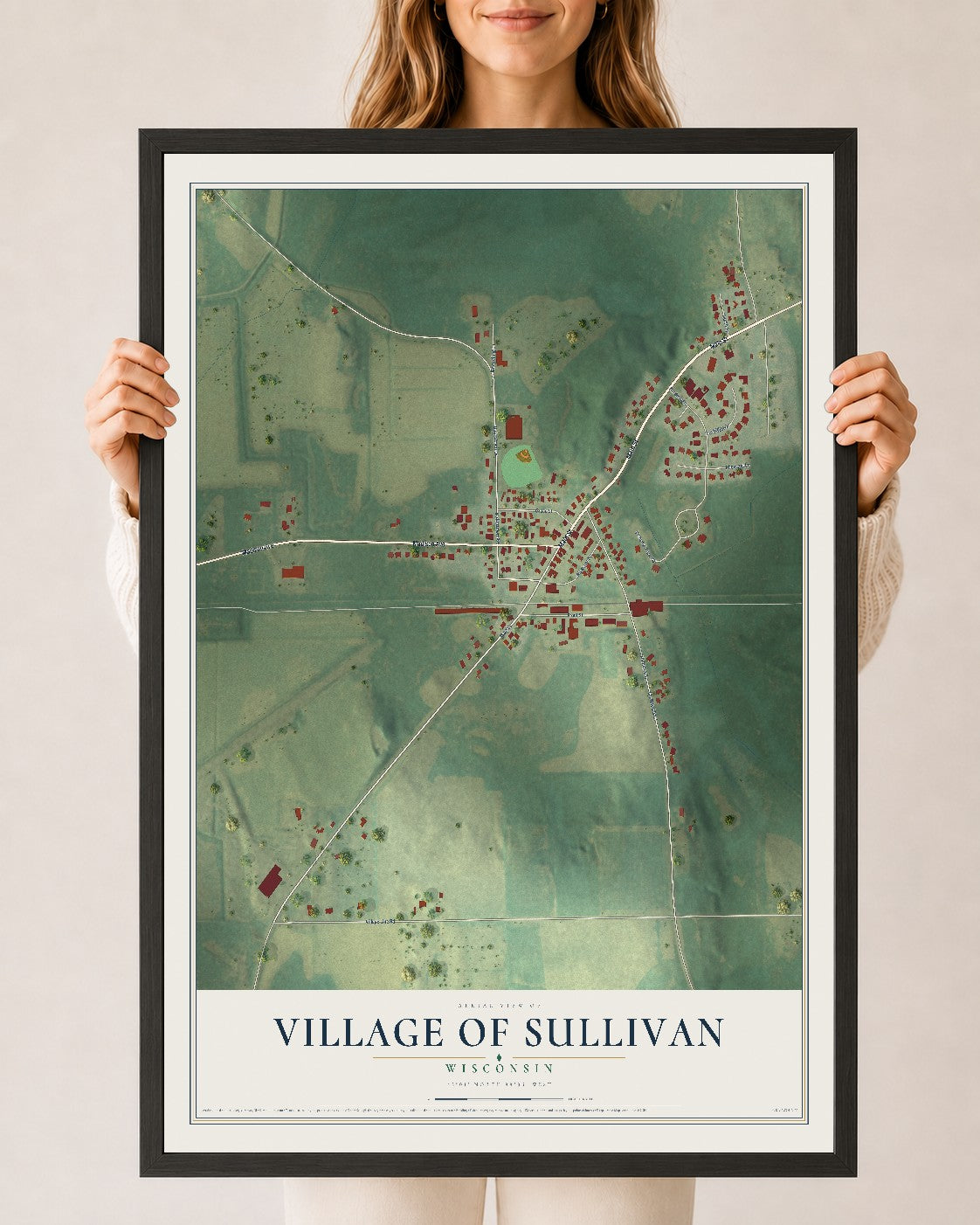 Map of Sullivan, Wisconsin, 24 x 36 inch print in a black wood frame