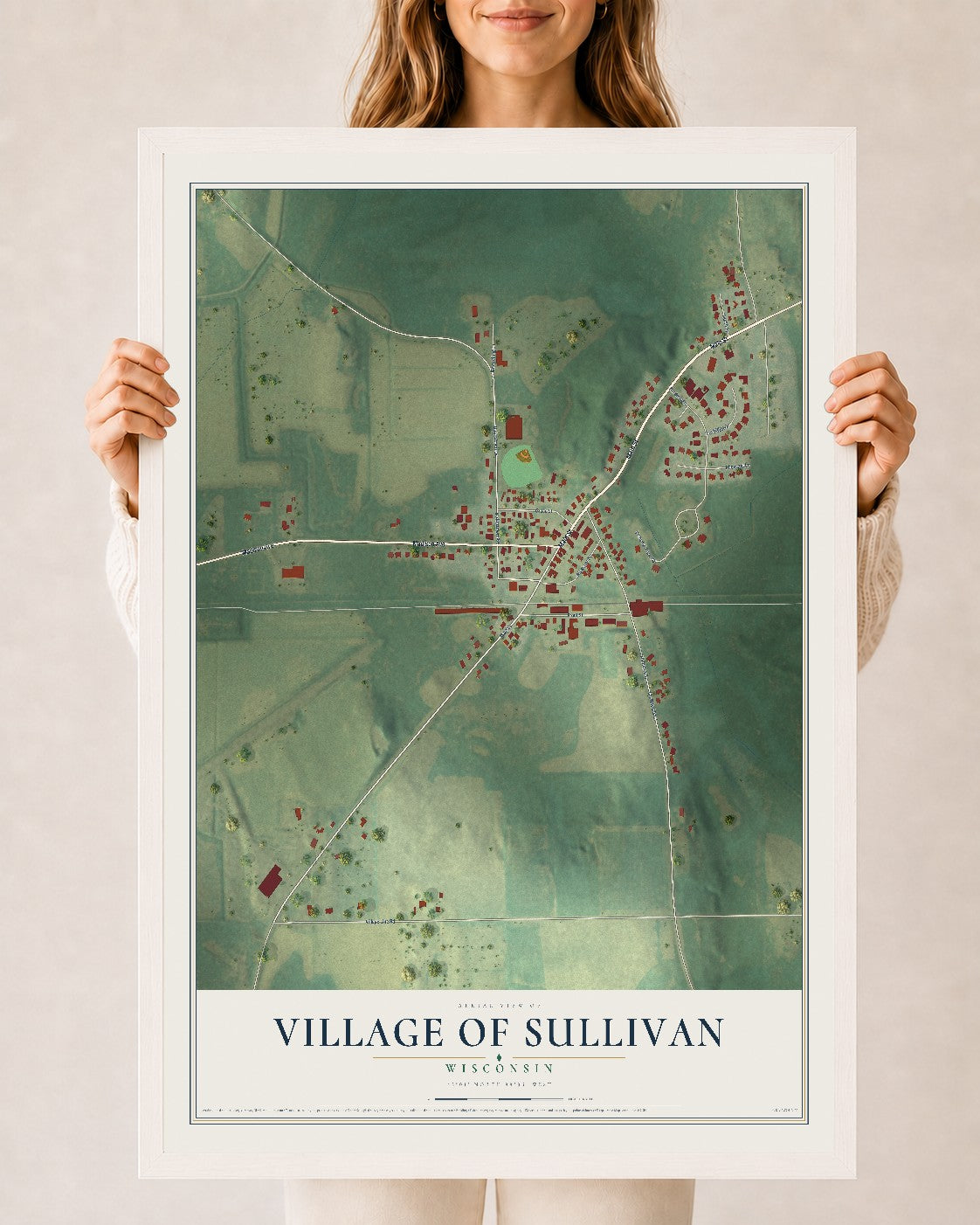 Map of Sullivan, Wisconsin, 24 x 36 inch print in a white wood frame