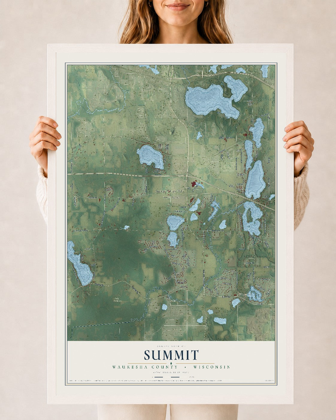 Map of Summit, Waukesha County, Wisconsin, 24 x 36 inch print in a white wood frame