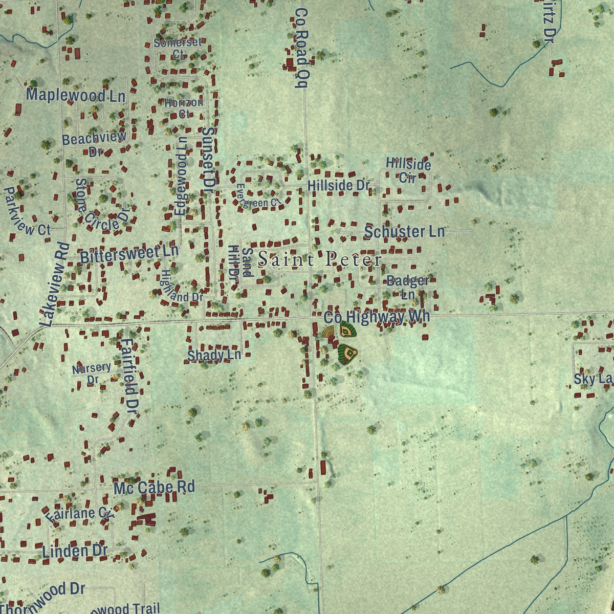Close-up of the map of Taycheedah, Wisconsin print showing street and building detail