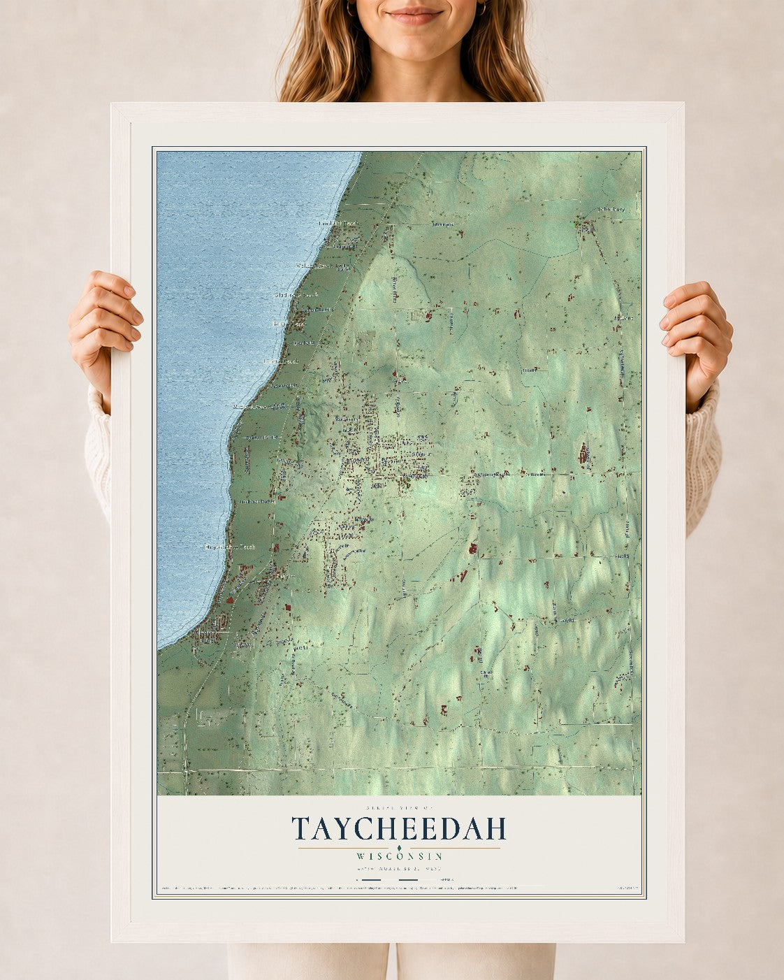 Map of Taycheedah, Wisconsin, 24 x 36 inch print in a white wood frame