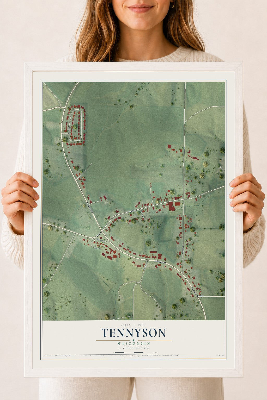 Map of Tennyson, Wisconsin, 18 x 24 inch print in a white wood frame