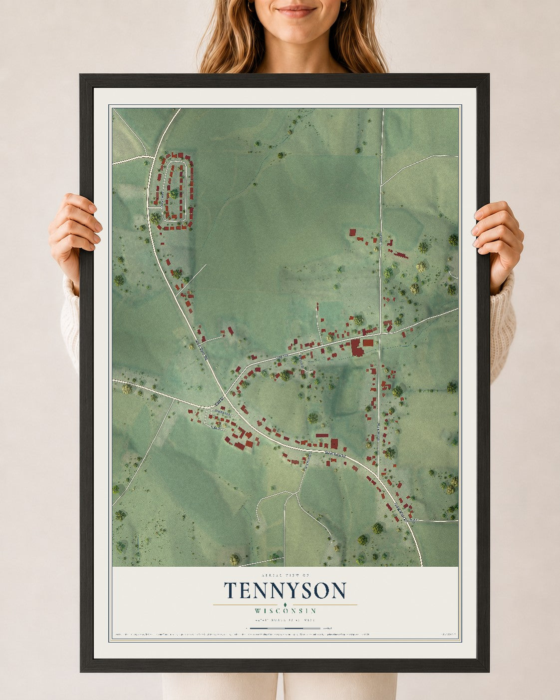 Map of Tennyson, Wisconsin, 24 x 36 inch print in a black wood frame
