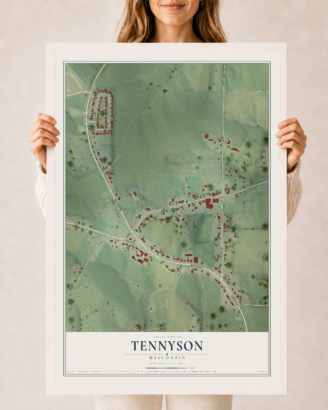 Map of Tennyson, Wisconsin, 24 x 36 inch print in a white wood frame