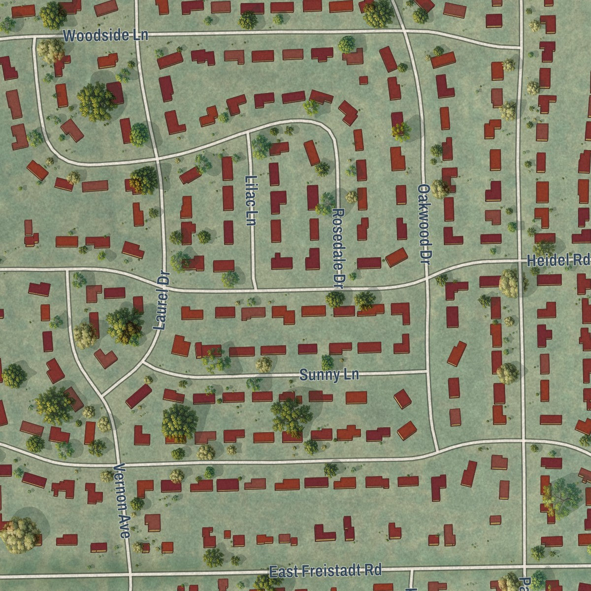 Close-up of the map of Thiensville, Wisconsin print showing street and building detail