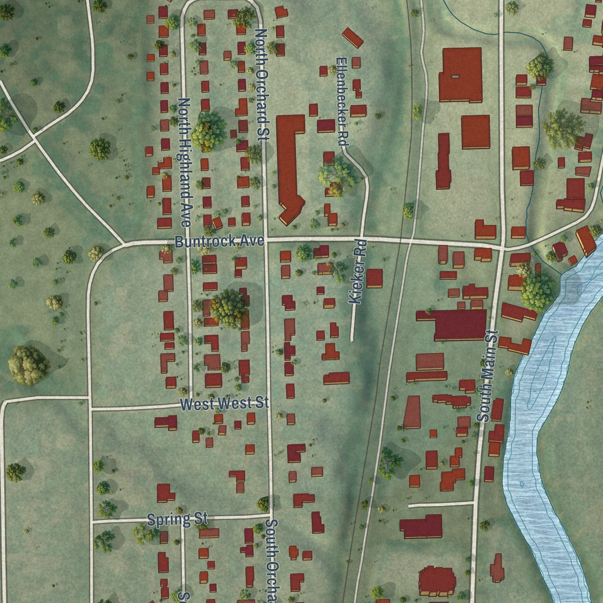Second close-up of the map of Thiensville, Wisconsin print showing more streets and buildings