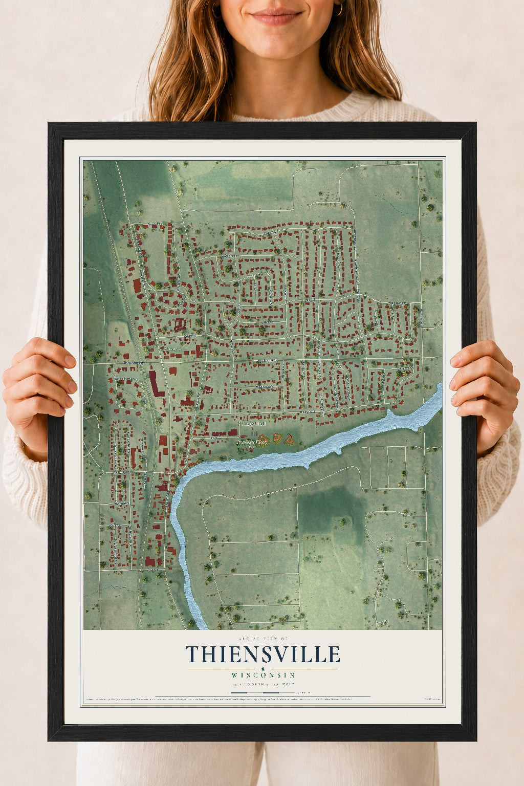 Map of Thiensville, Wisconsin, 18 x 24 inch print in a black wood frame