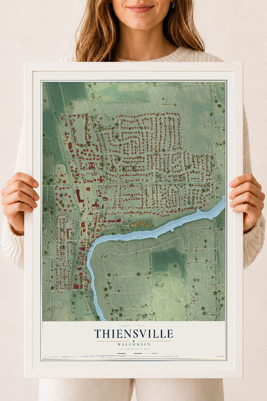 Map of Thiensville, Wisconsin, 18 x 24 inch print in a white wood frame