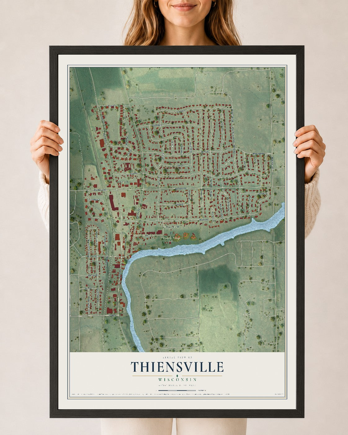 Map of Thiensville, Wisconsin, 24 x 36 inch print in a black wood frame