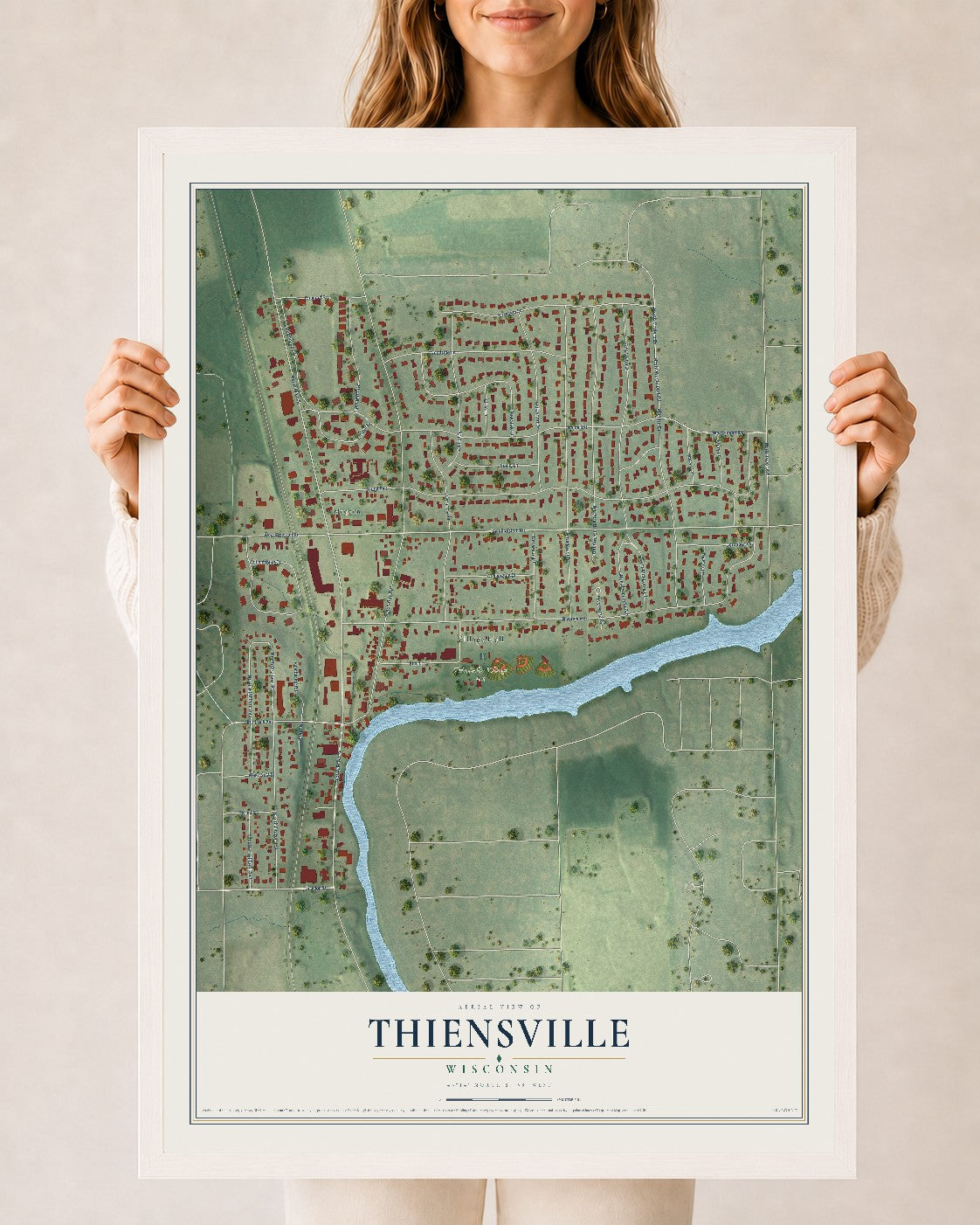 Map of Thiensville, Wisconsin, 24 x 36 inch print in a white wood frame