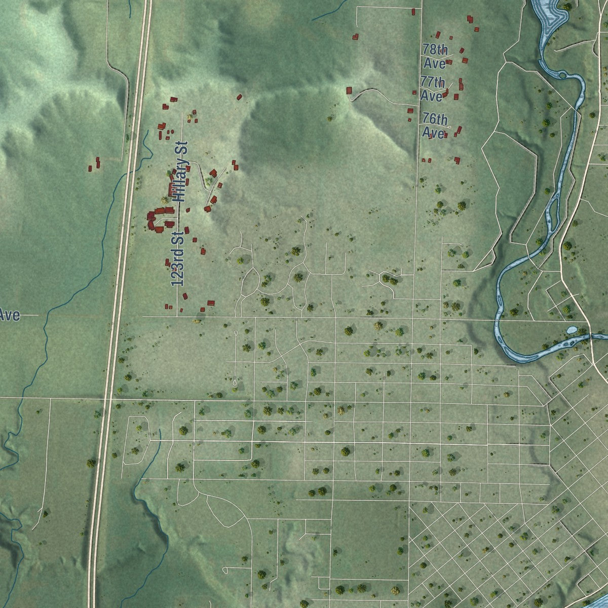 Close-up of the map of Tilden, Wisconsin print showing street and building detail